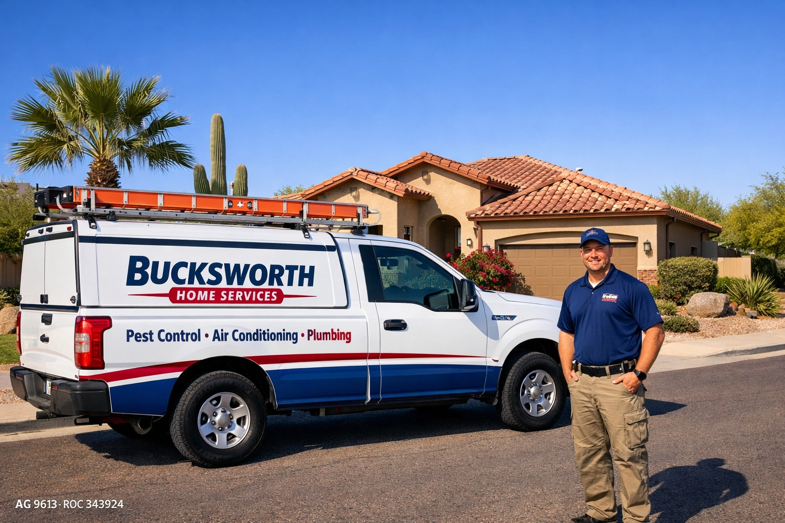Bucksworth Home Services service truck parked at a Chandler residence for professional pest and HVAC maintenance.