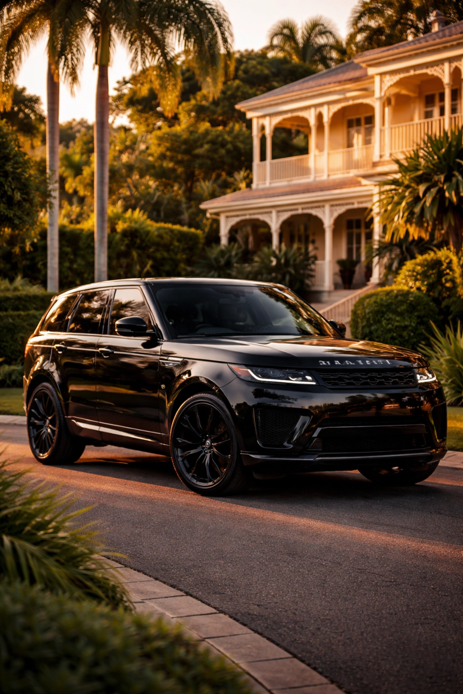 Black Range Rover Sport with mirror-finish detailing parked at a luxury home in an affluent Brisbane suburb, illustrating premium car care.