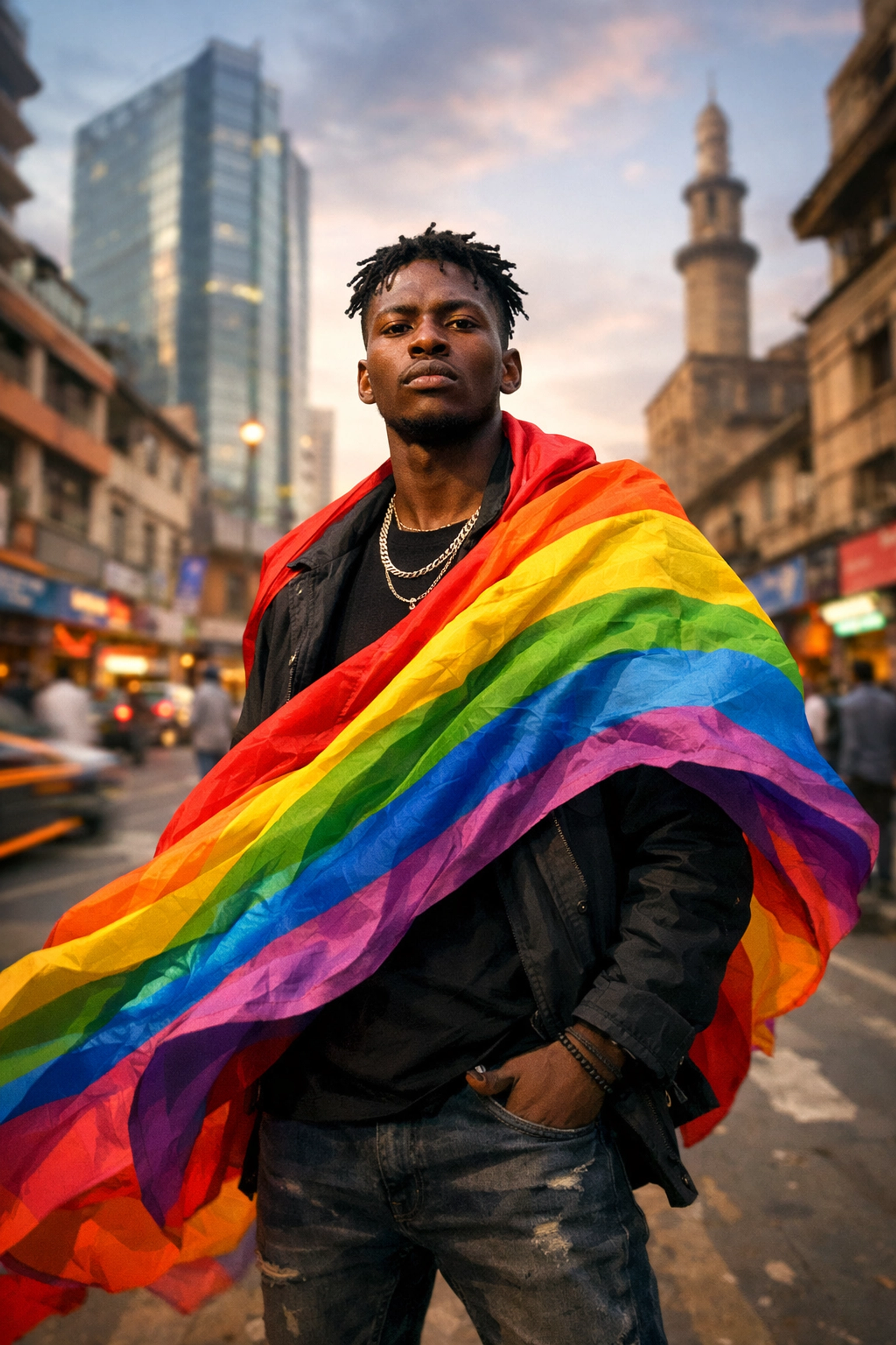 A resilient young Black man wearing a rainbow wrap standing with pride in a bustling modern African city.