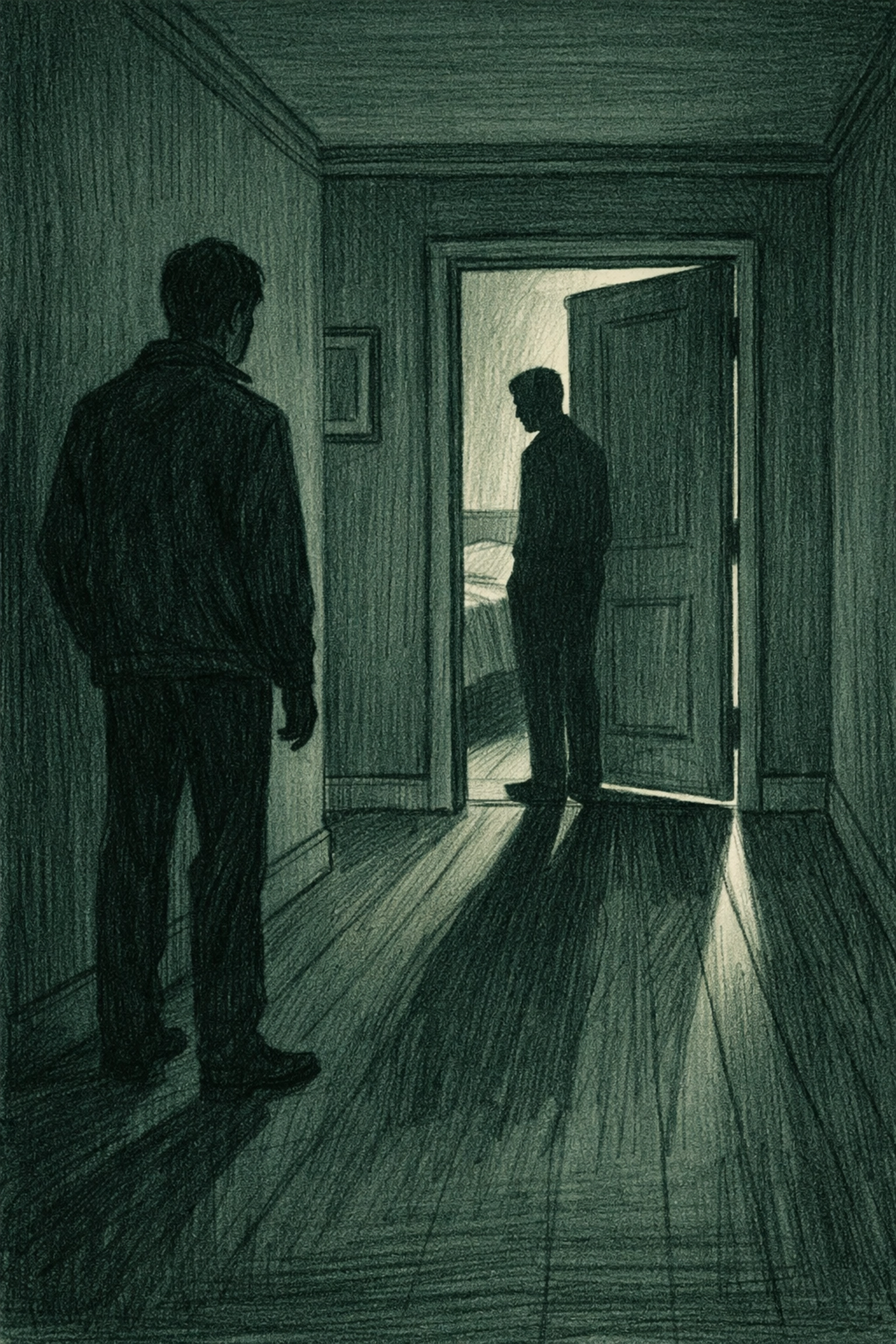 Man in darkened hallway watching silhouette through bedroom door, secrecy in gay contemporary romance