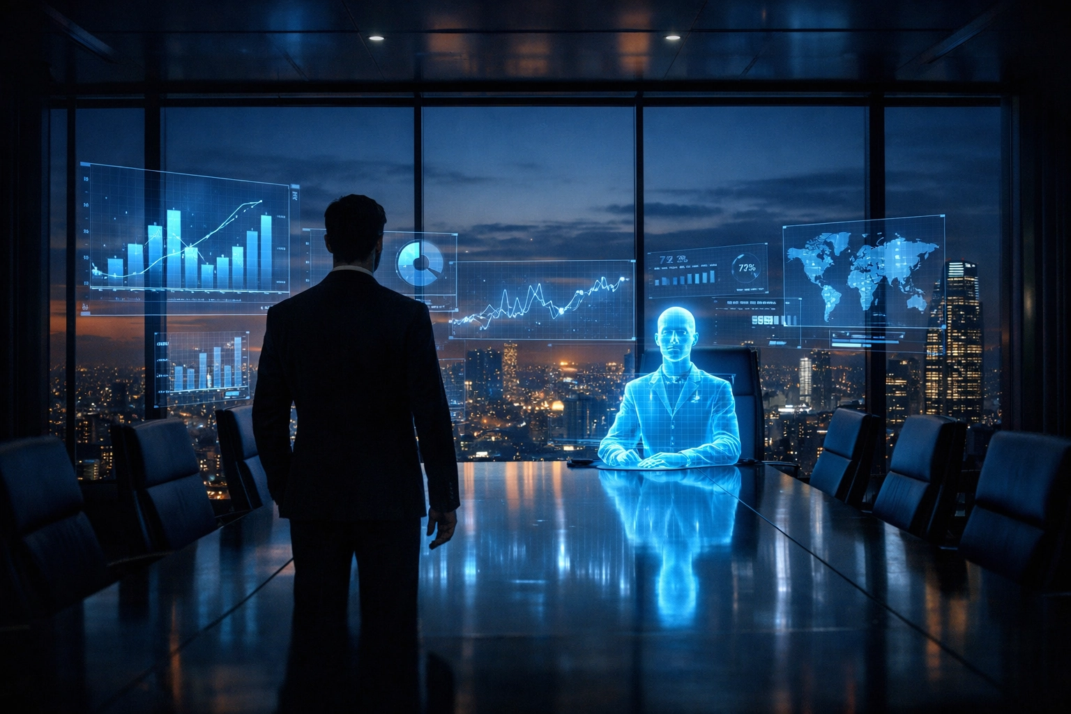 A professional collaborating with a holographic digital coworker in a futuristic boardroom for AI business strategy.