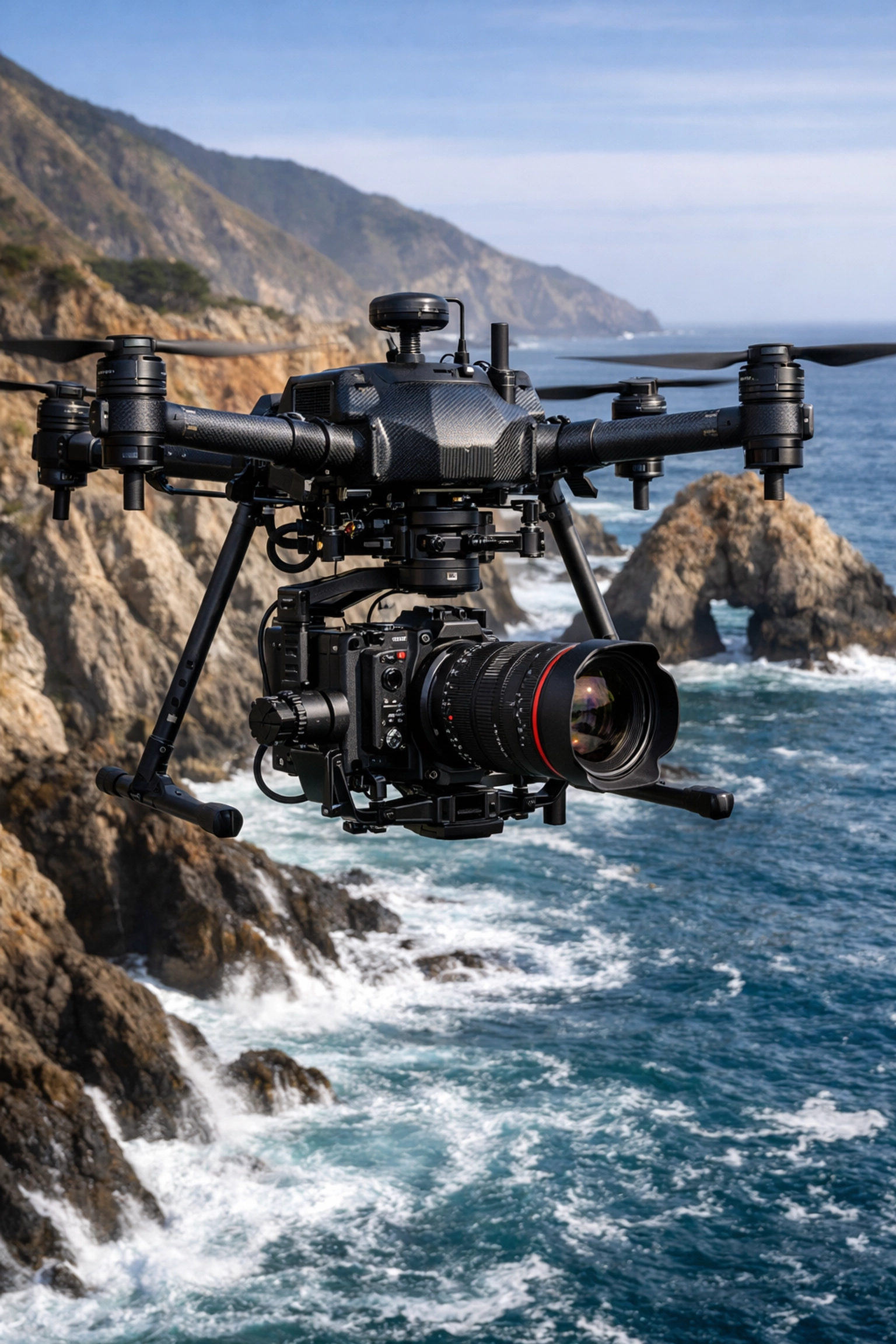 High-end cinema drone capturing specialized aerial photography over the Big Sur coastline.