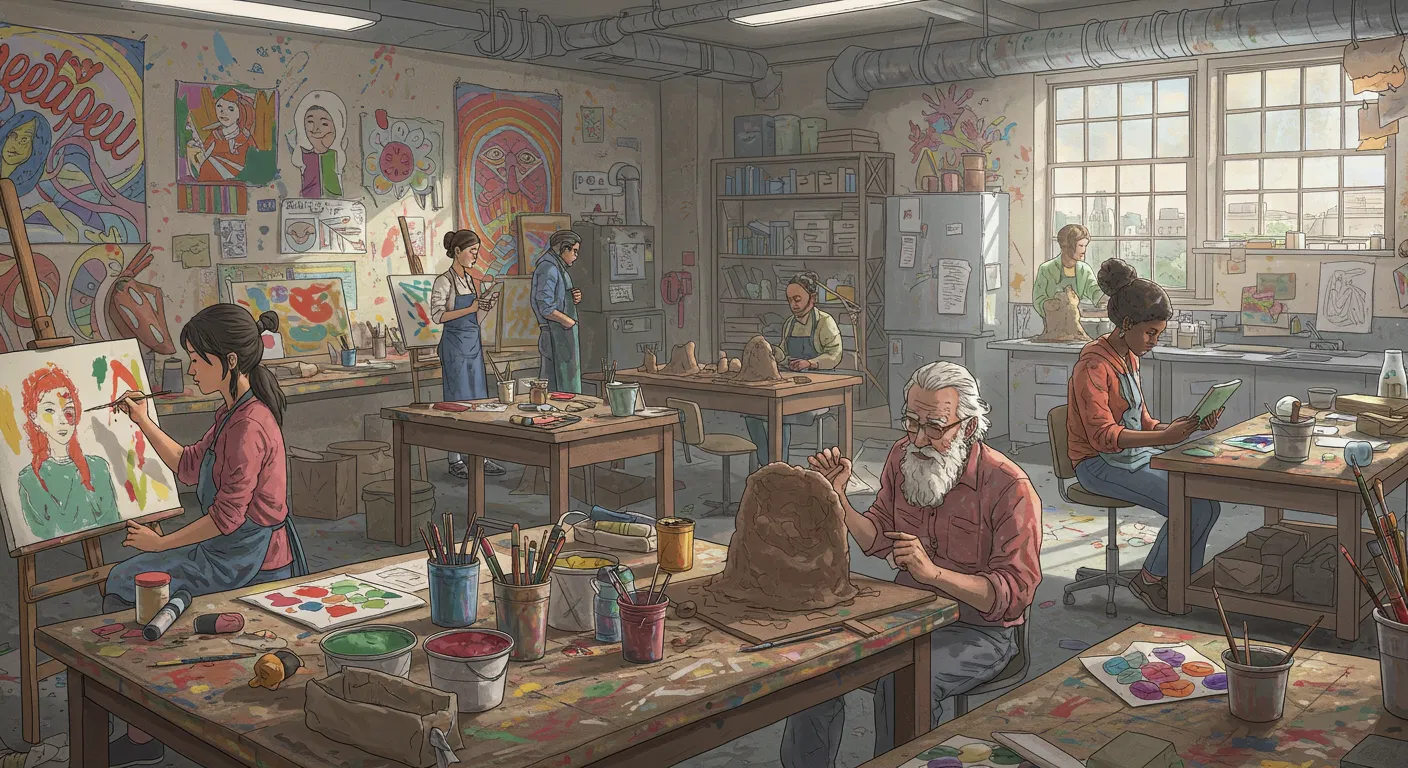 A wide-angle, bright art studio filled with natural light. Multiple artists of various ages are working independently at large communal tables. The scene shows real artists painting and sculpting, capturing the collaborative and professional atmosphere of an ArtLabs Open Lab.