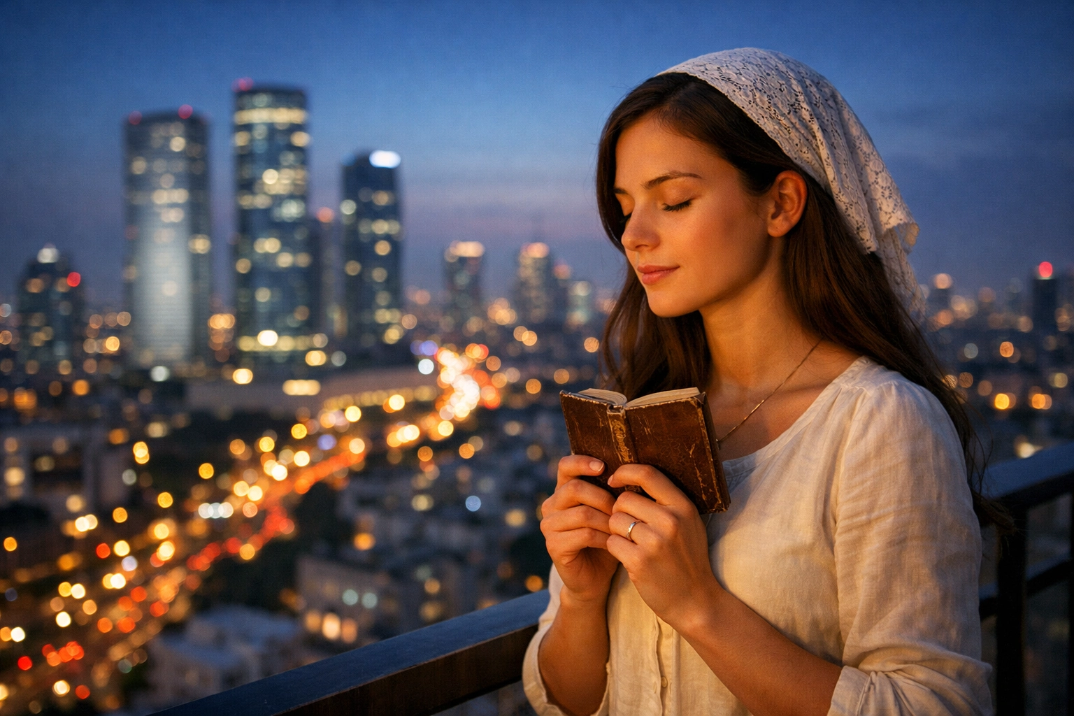 A young woman in Tel Aviv prays with a book over the city skyline, representing faith in modern Israel.