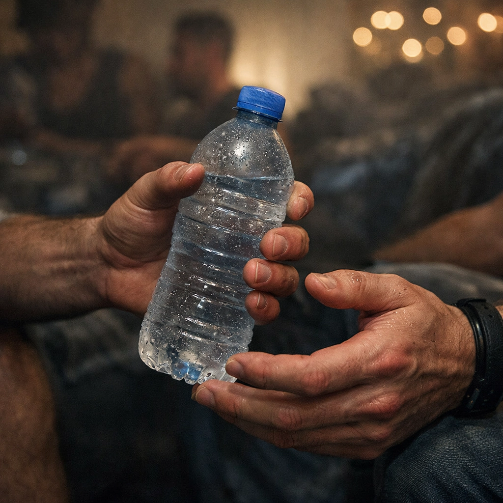 Two gay men sharing a water bottle in a chillout setting, illustrating group scene care rituals.