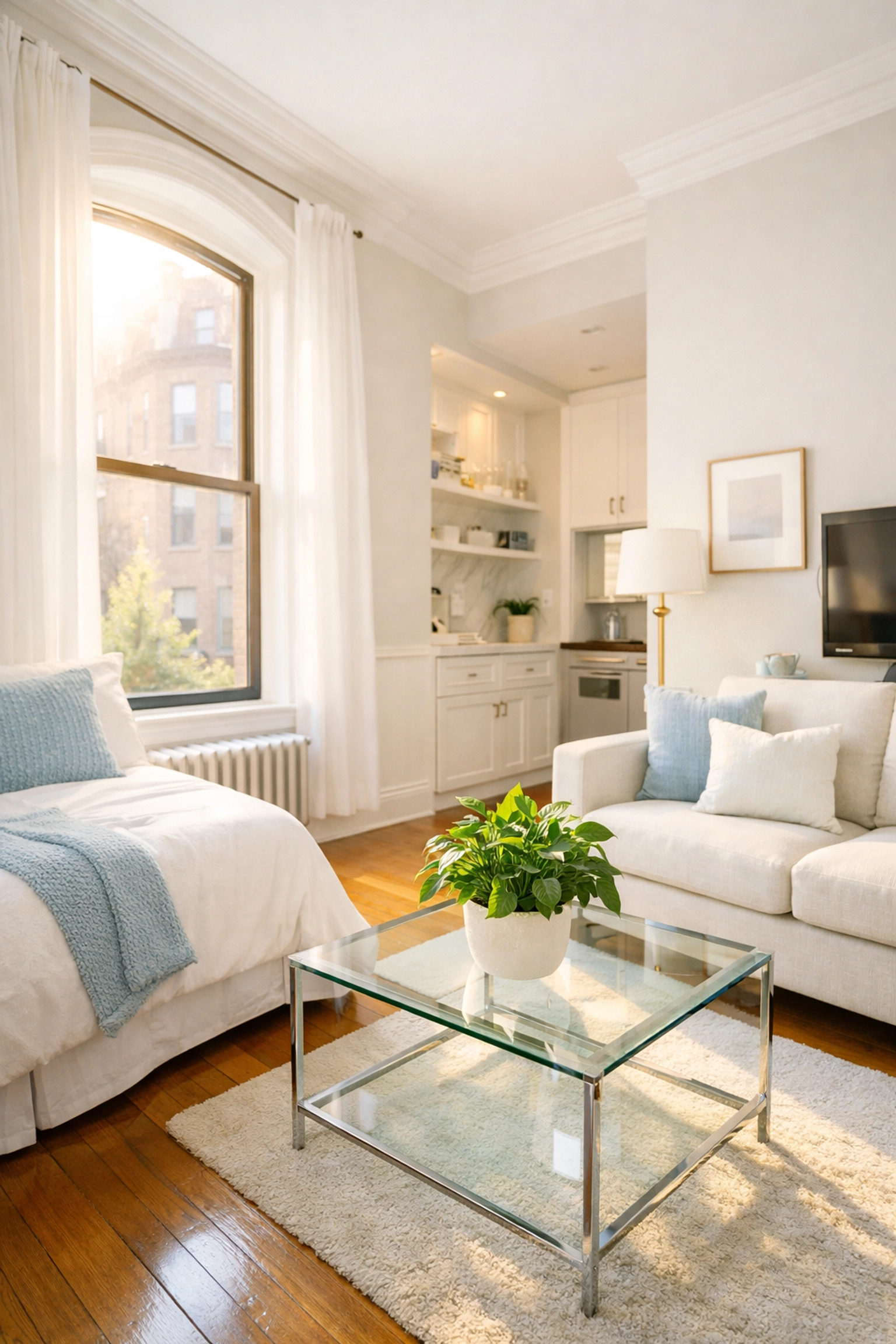 Bright Back Bay brownstone studio with clean hardwood floors and eco-friendly house cleaning atmosphere.