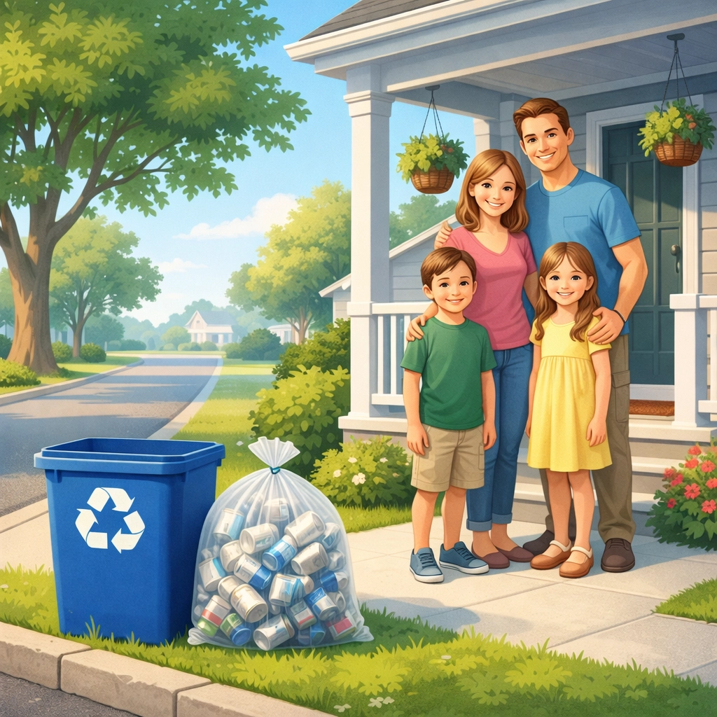 Family on porch with aluminum cans in clear bag beside blue recycling bin for curbside pickup