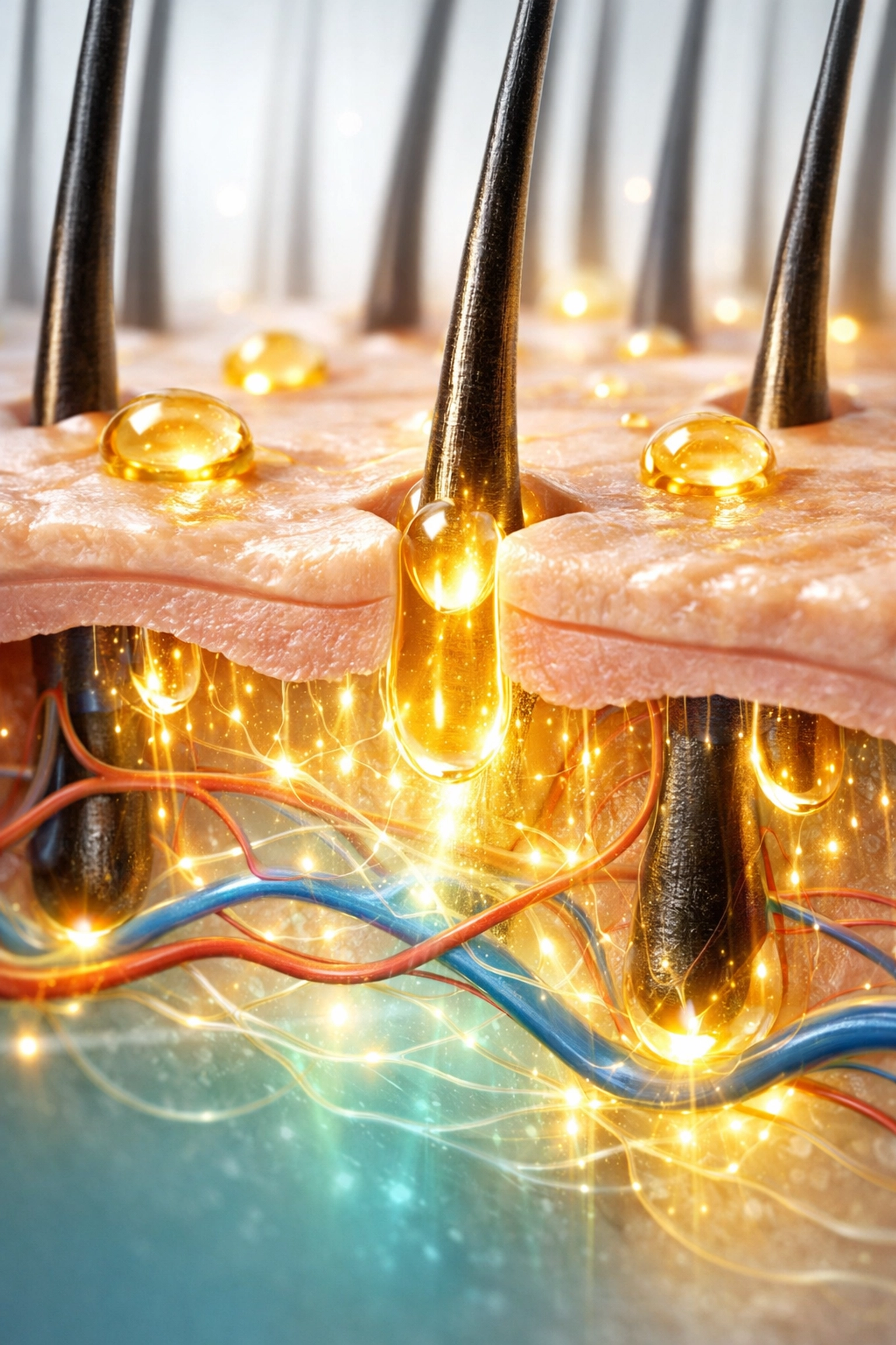 Macro view of hair follicles absorbing golden droplets into the scalp's vascular network.