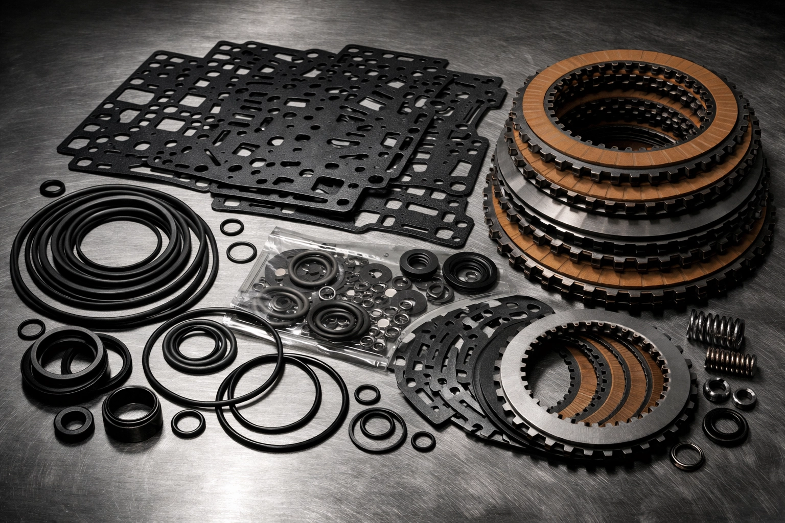 New transmission rebuild kit components including gaskets and seals for reliable gear restoration.