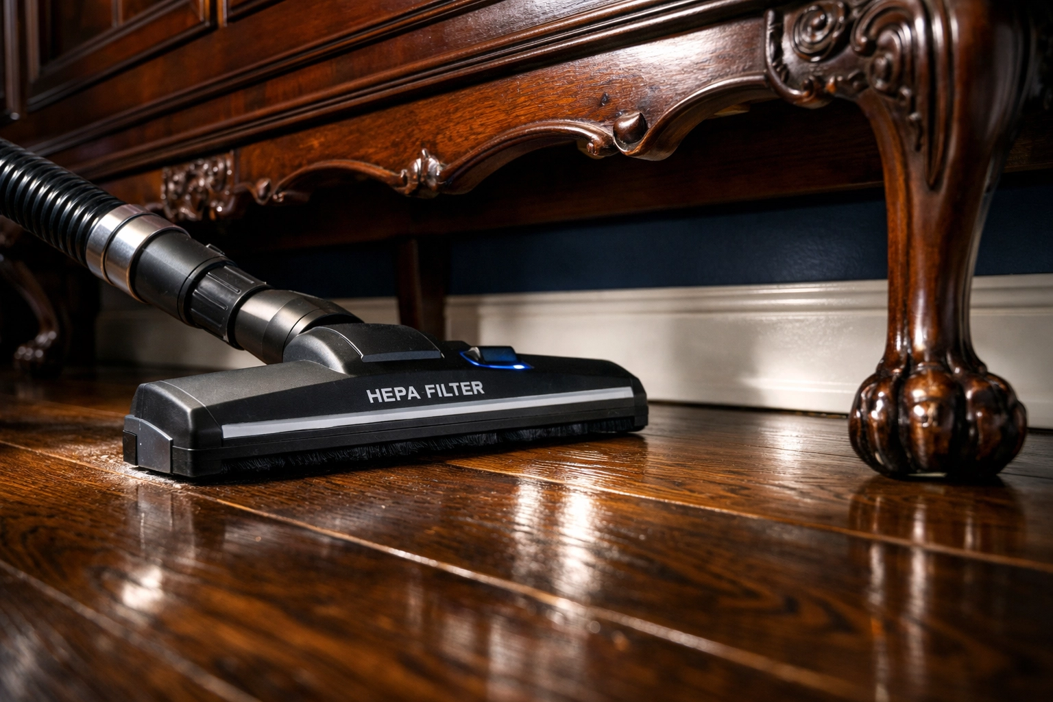 Using a HEPA vacuum for thorough Carlisle estate cleaning under heavy mahogany furniture.
