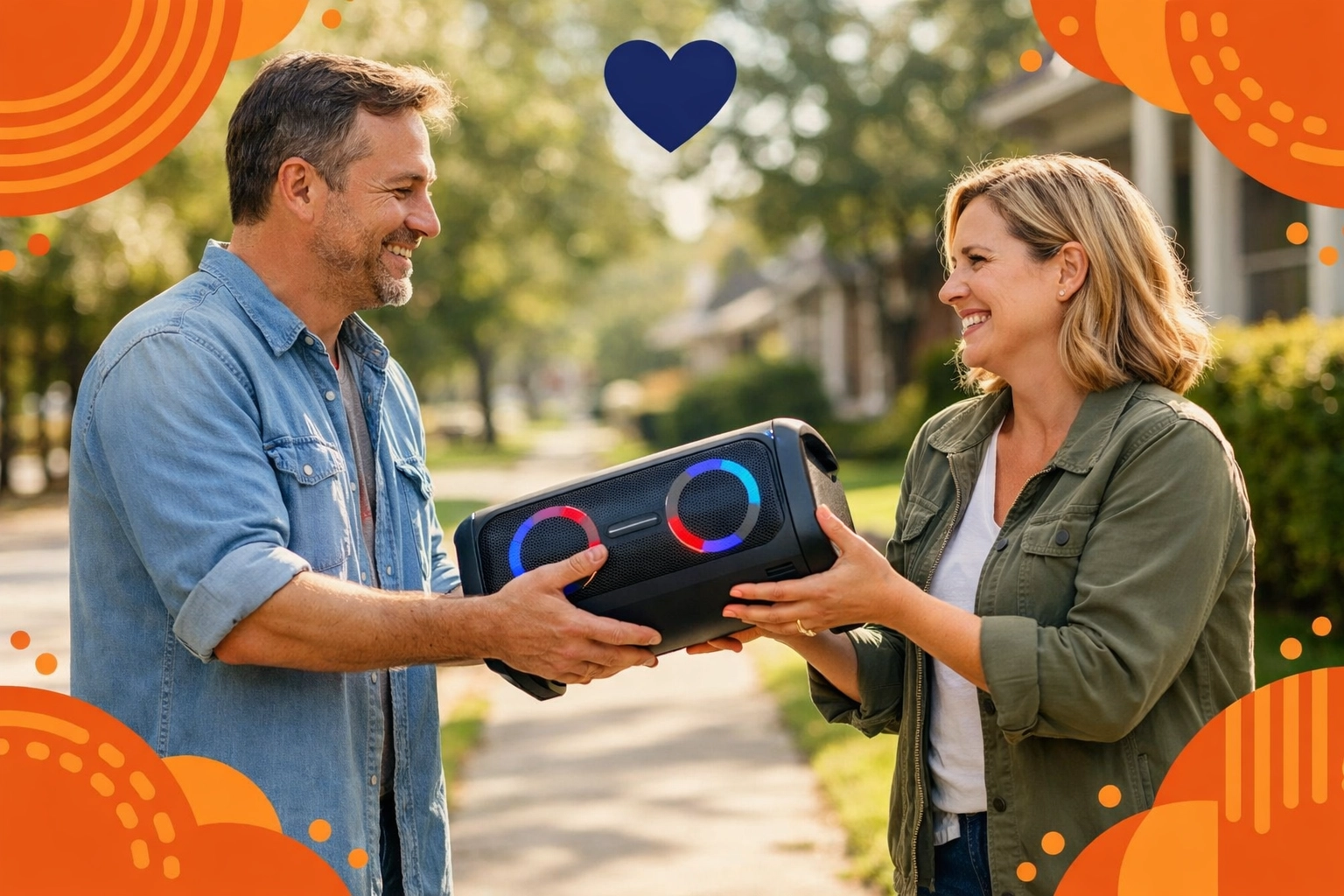 Neighbors connecting while sharing a portable party speaker through a peer-to-peer rental platform.