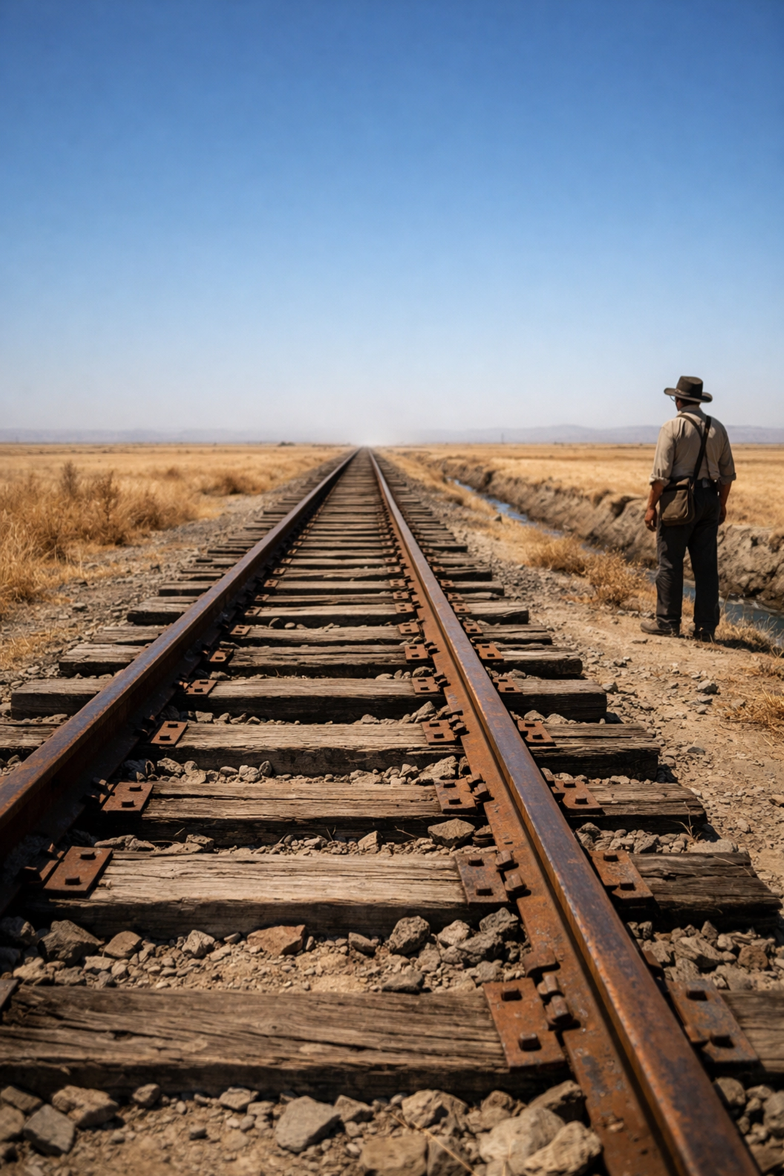 Historic railroad tracks in the dry San Joaquin Valley, symbolizing infrastructure challenges in Allensworth.
