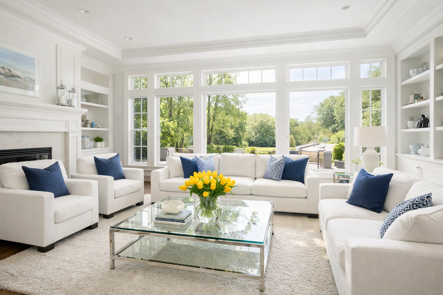A bright and airy luxury living room in Weston MA with pristine furniture and surfaces.