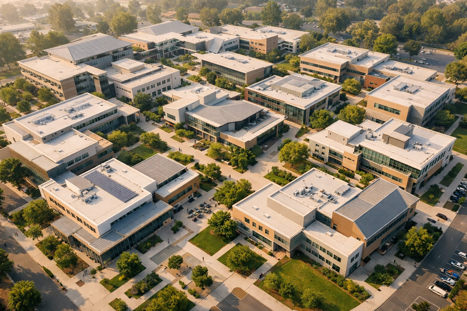 Aerial view of university campus showing multiple departments and decentralized organizational structure