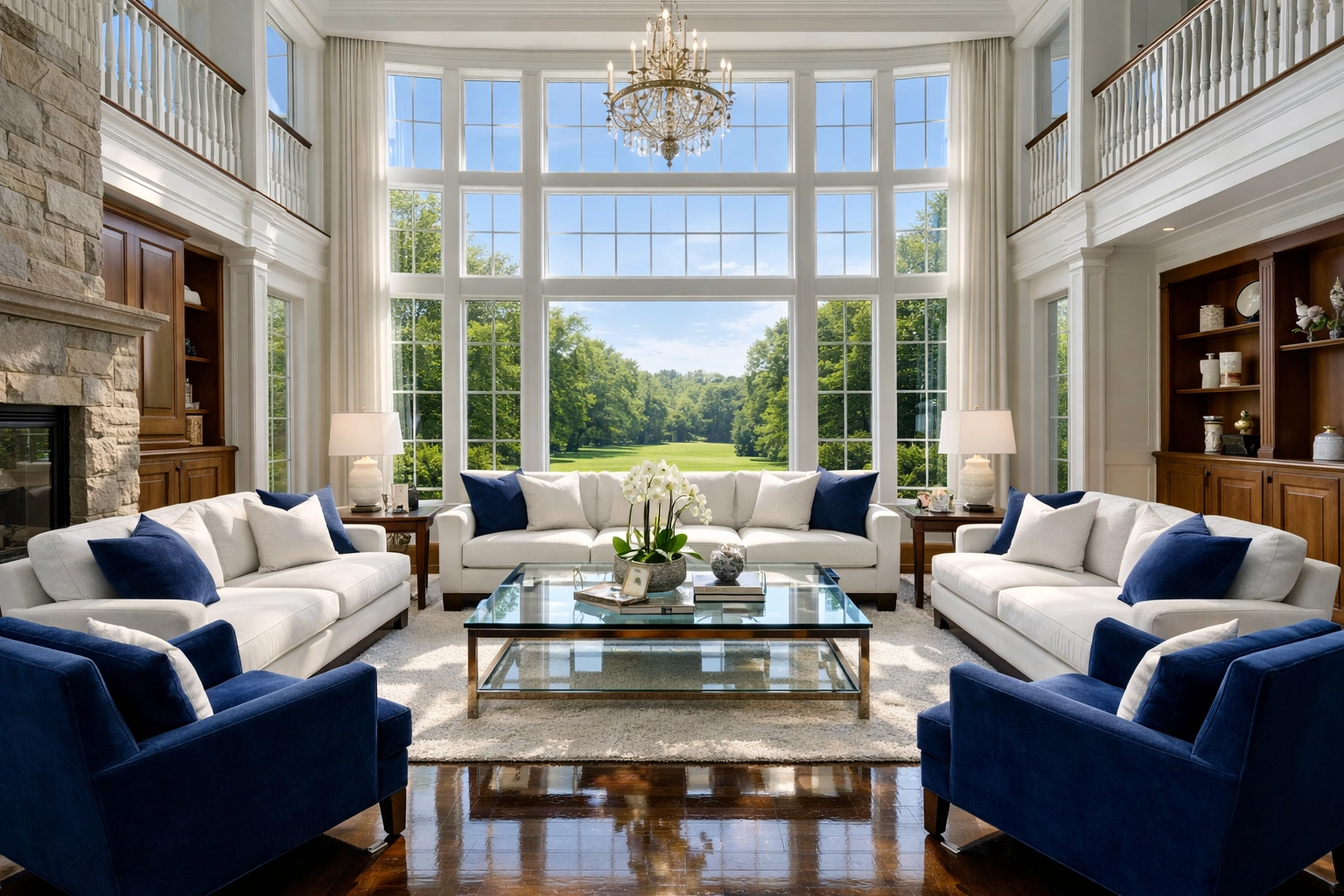 Spotless luxury living room with clean air from expert residential cleaning Massachusetts in a grand estate.