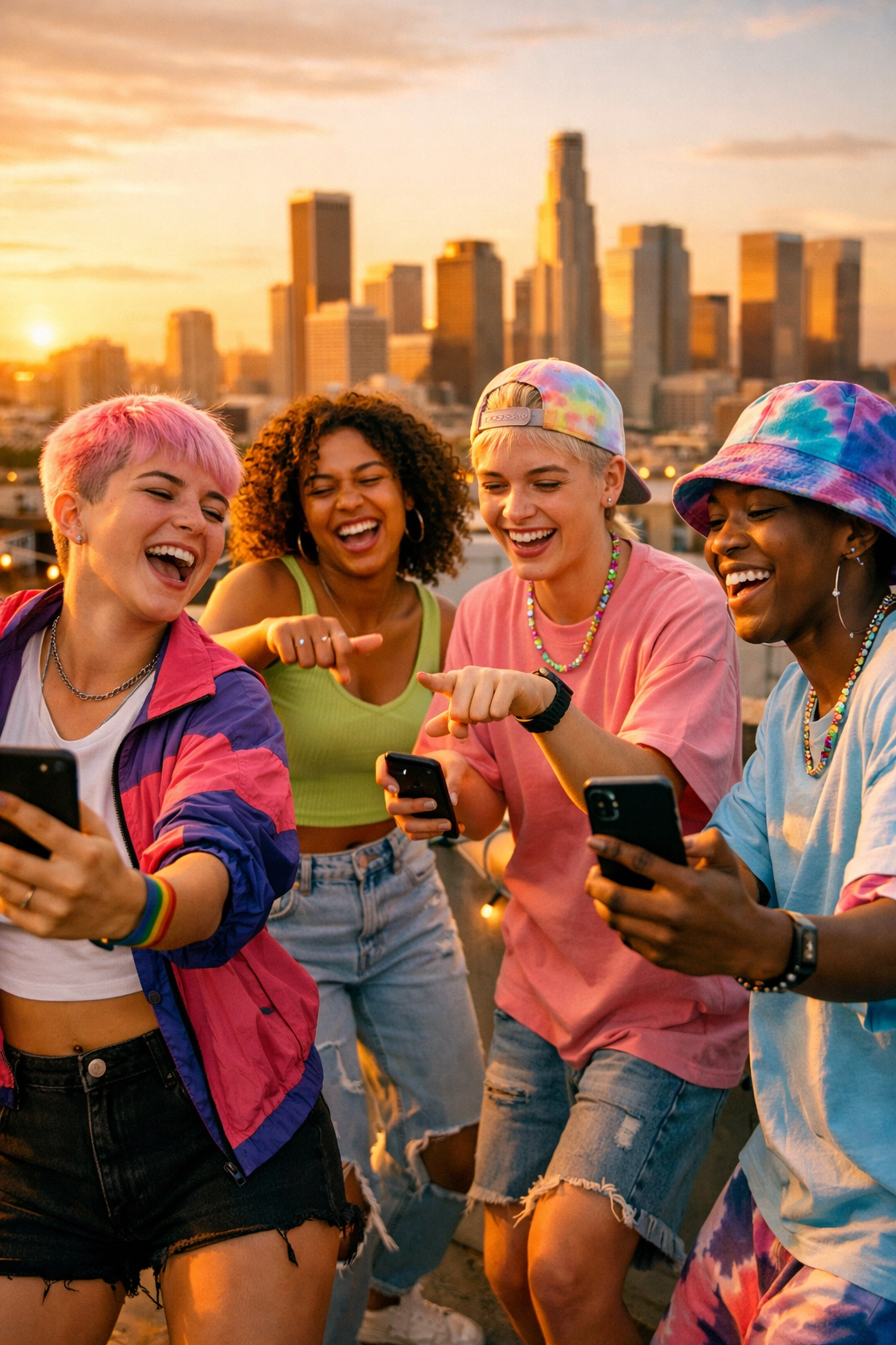 Gen Z queer friends filming TikTok dance videos together on rooftop at golden hour