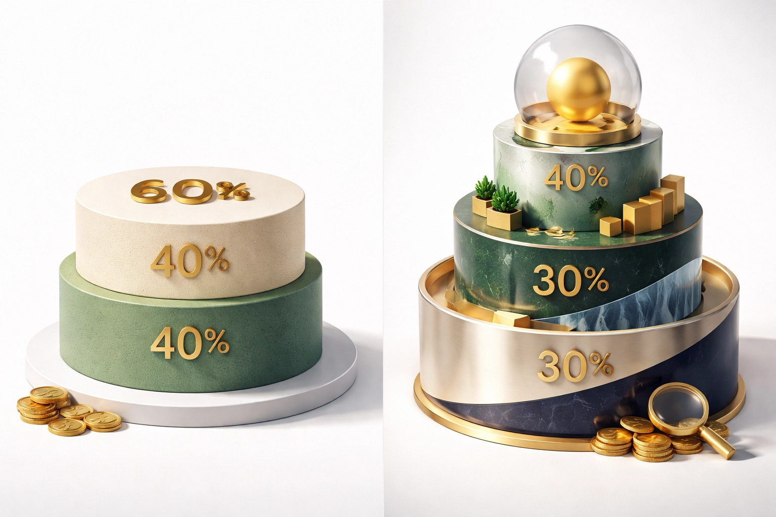 Side-by-side comparison of traditional 60/40 allocation versus modern diversified 40/30/30 investment framework