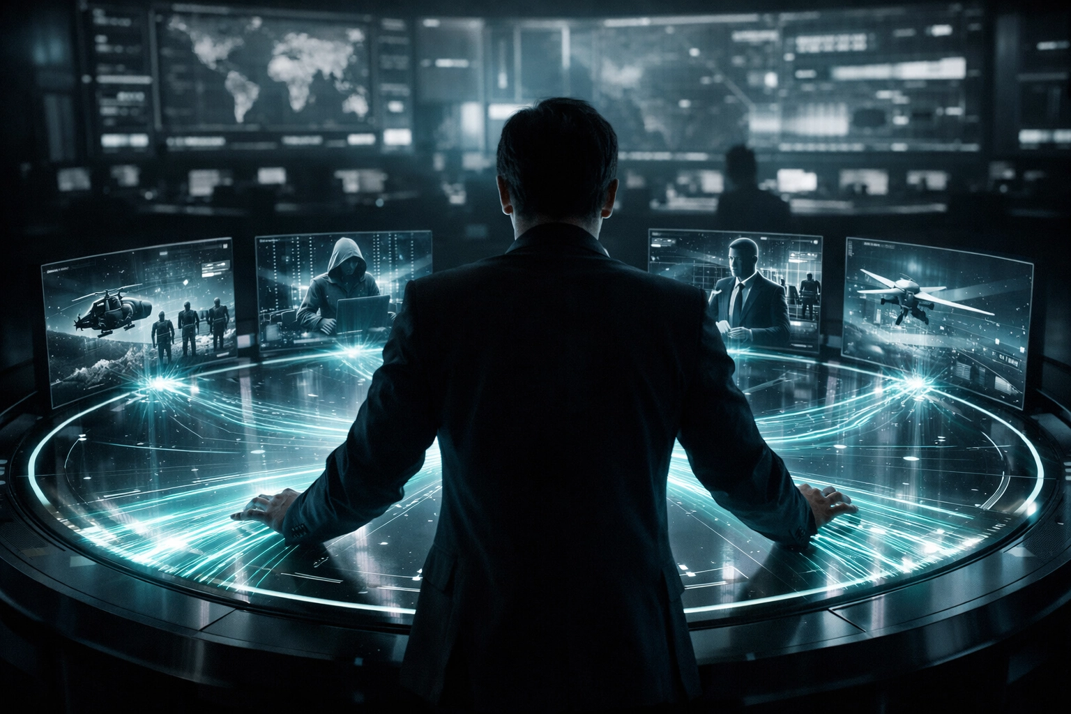 Business leader orchestrating a synchronized team of specialized AI agents at a digital strategy table.