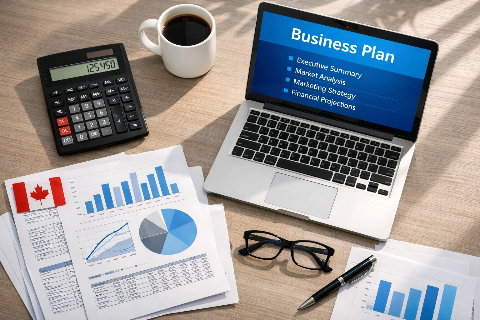 Business owner preparing CSBFL loan application with financial documents and business plan