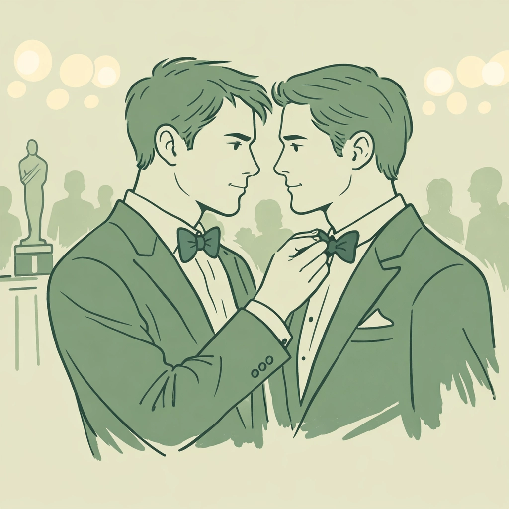 Two men in tuxedos share intimate moment at awards ceremony in MM romance about rivalry and love
