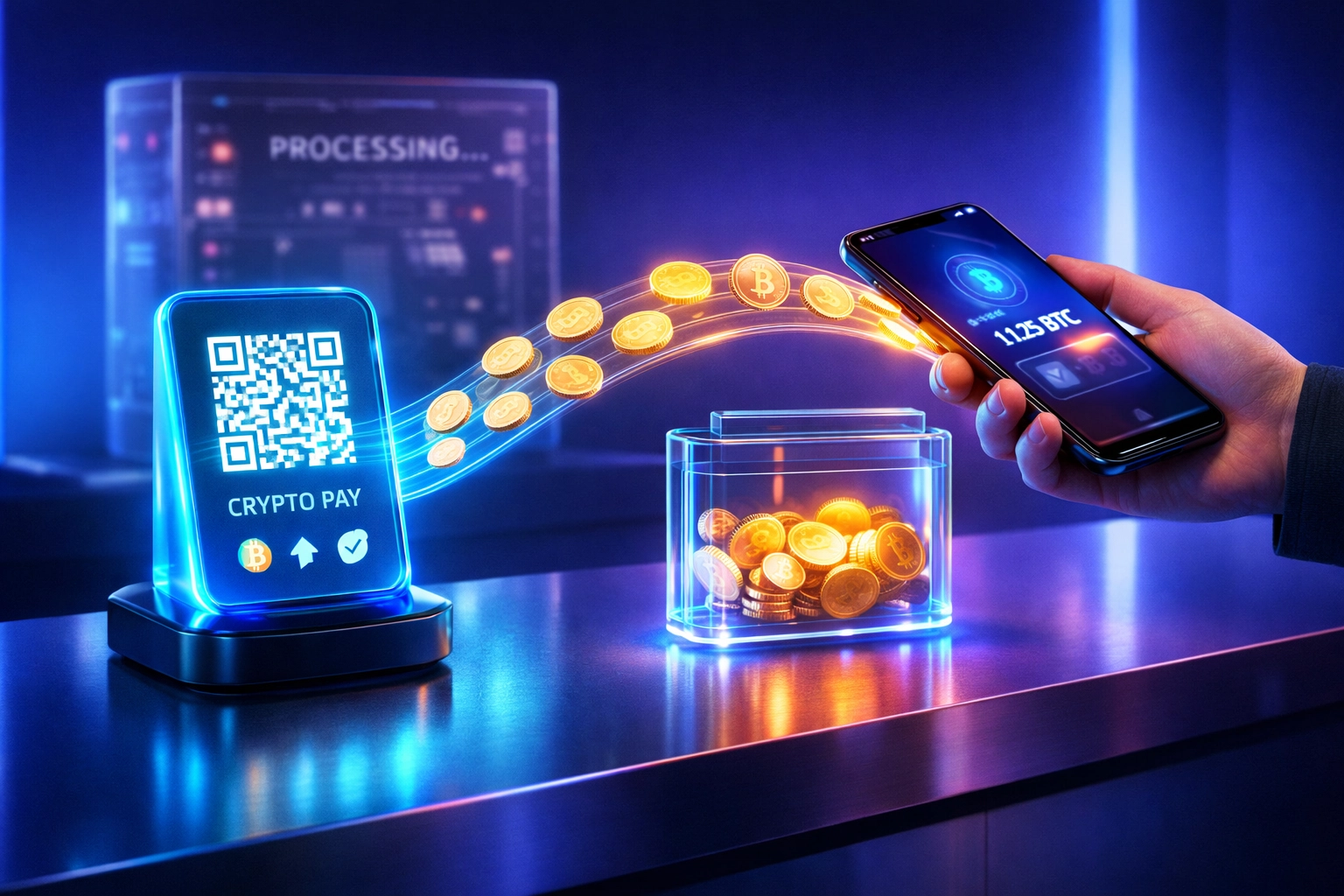 Self-custody crypto payment flowing directly from customer smartphone to merchant wallet at POS terminal