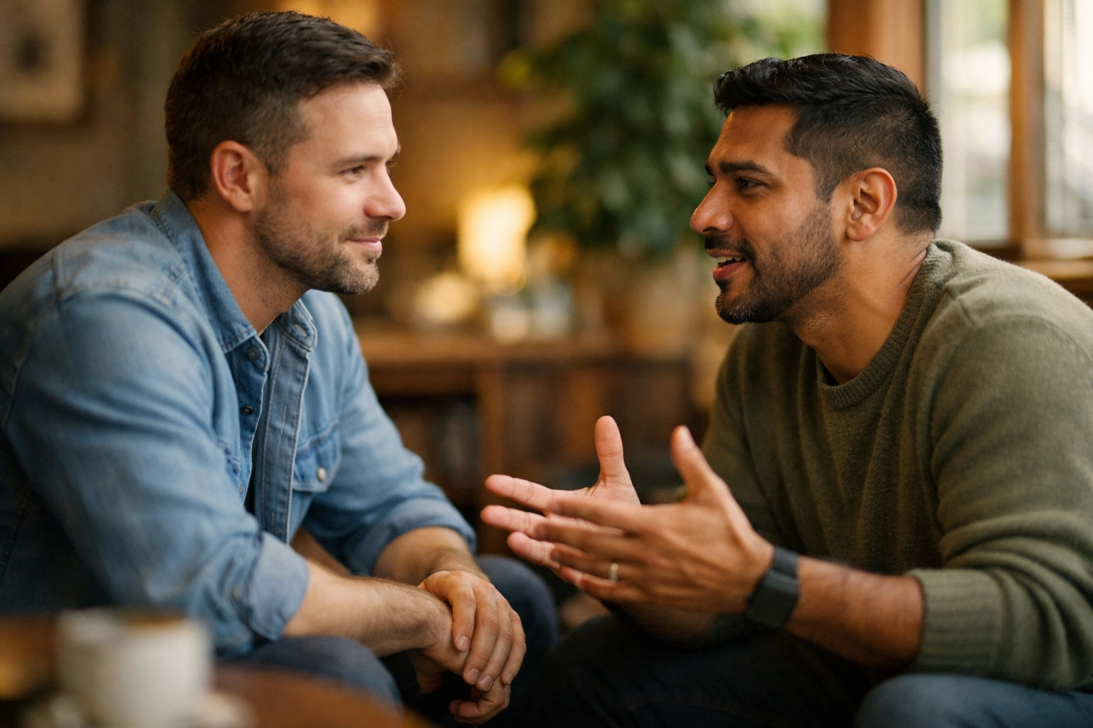 Gay men in supportive therapy conversation about porn addiction recovery