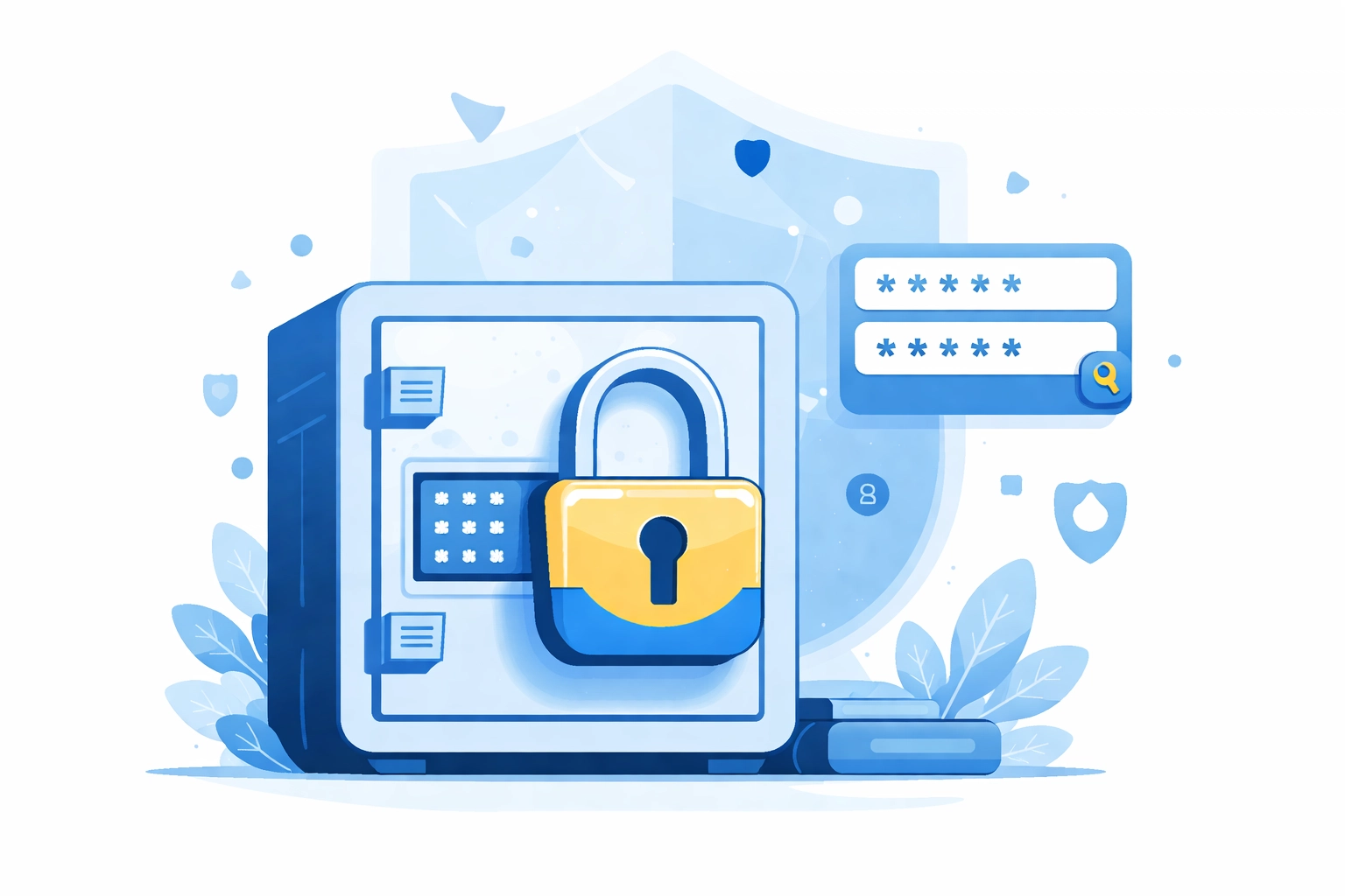 Illustration of a secure digital vault and password manager emphasizing strong password policies for small business cybersecurity