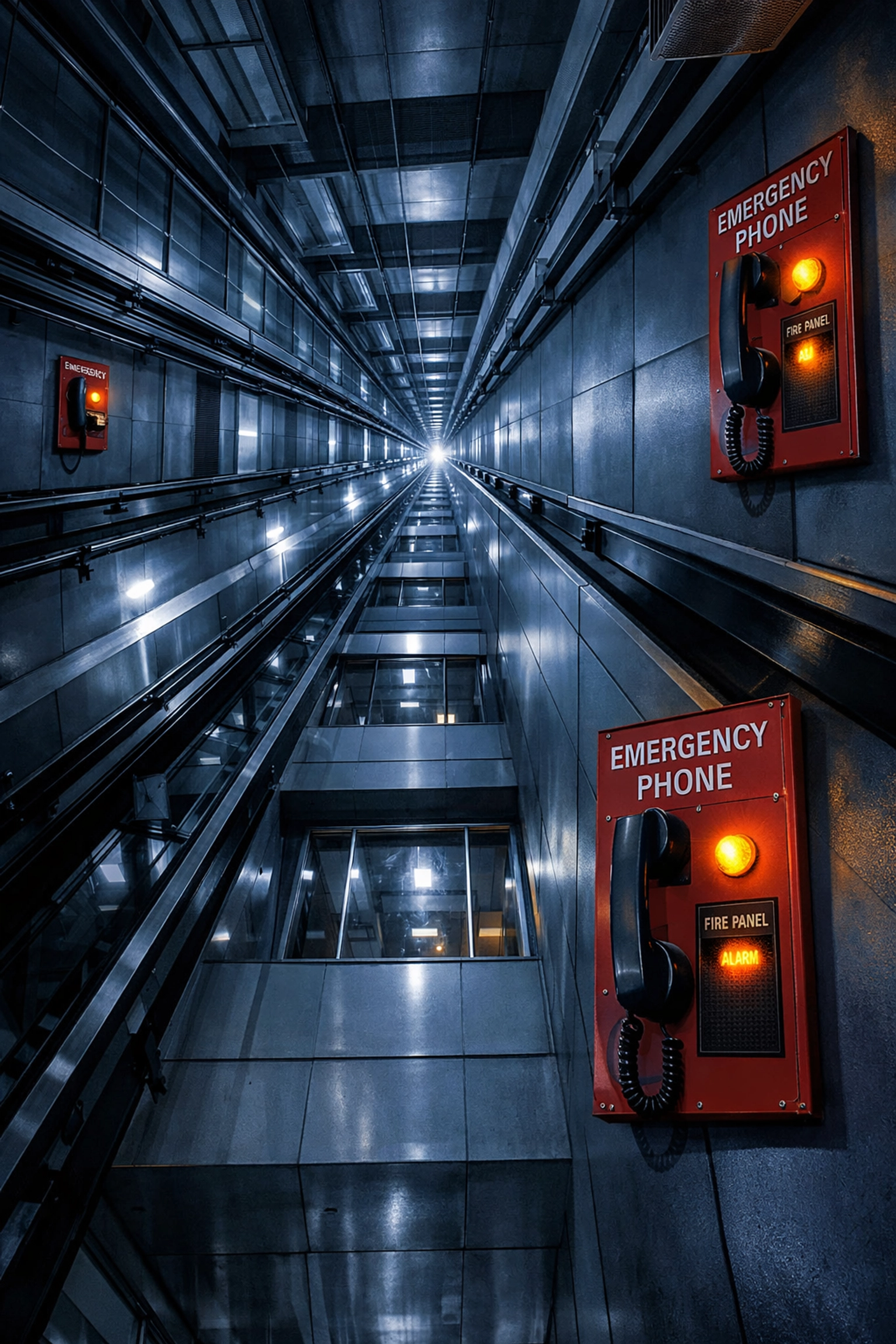Multi-story elevator shaft with emergency phone panels and fire alarm systems in commercial building