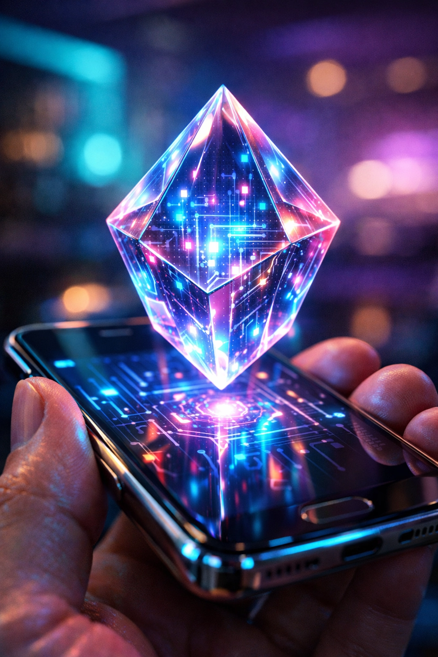 Futuristic smartphone displaying a holographic NFT receipt for secure Web3 payment verification.