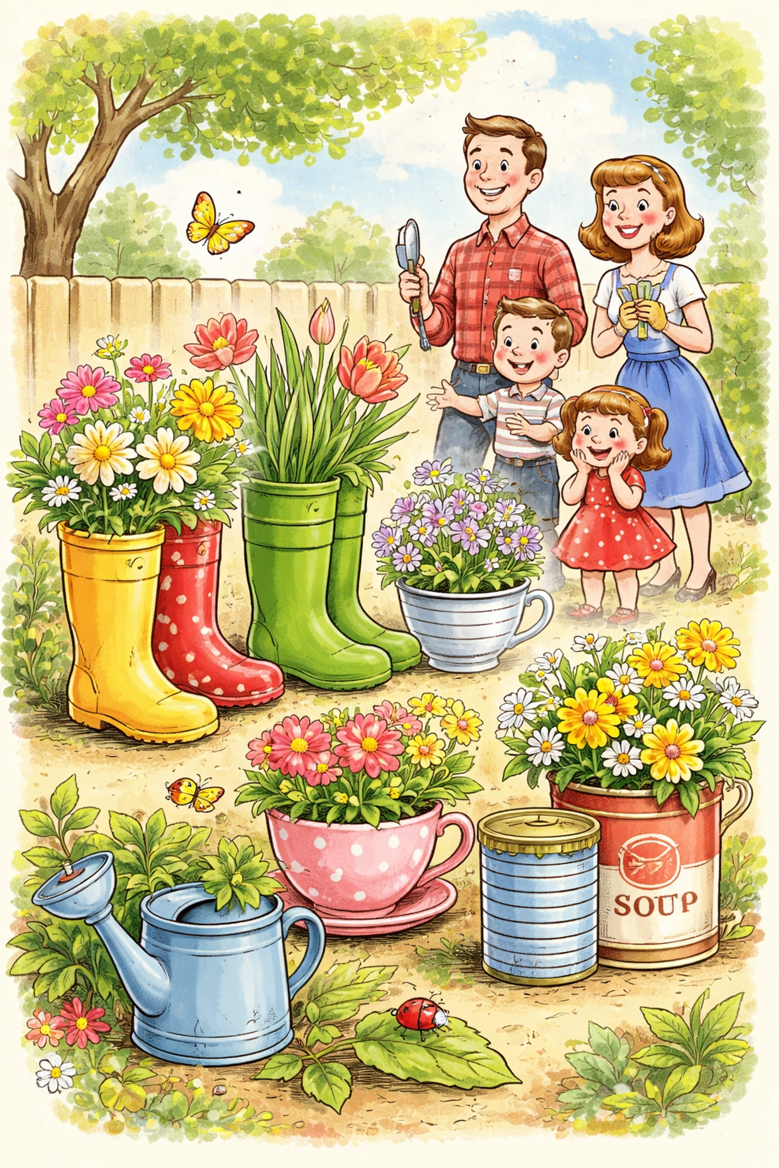 A cartoon family gathers in a sunny backyard beside colorful upcycled planters made from rain boots, teacups, and tin cans.