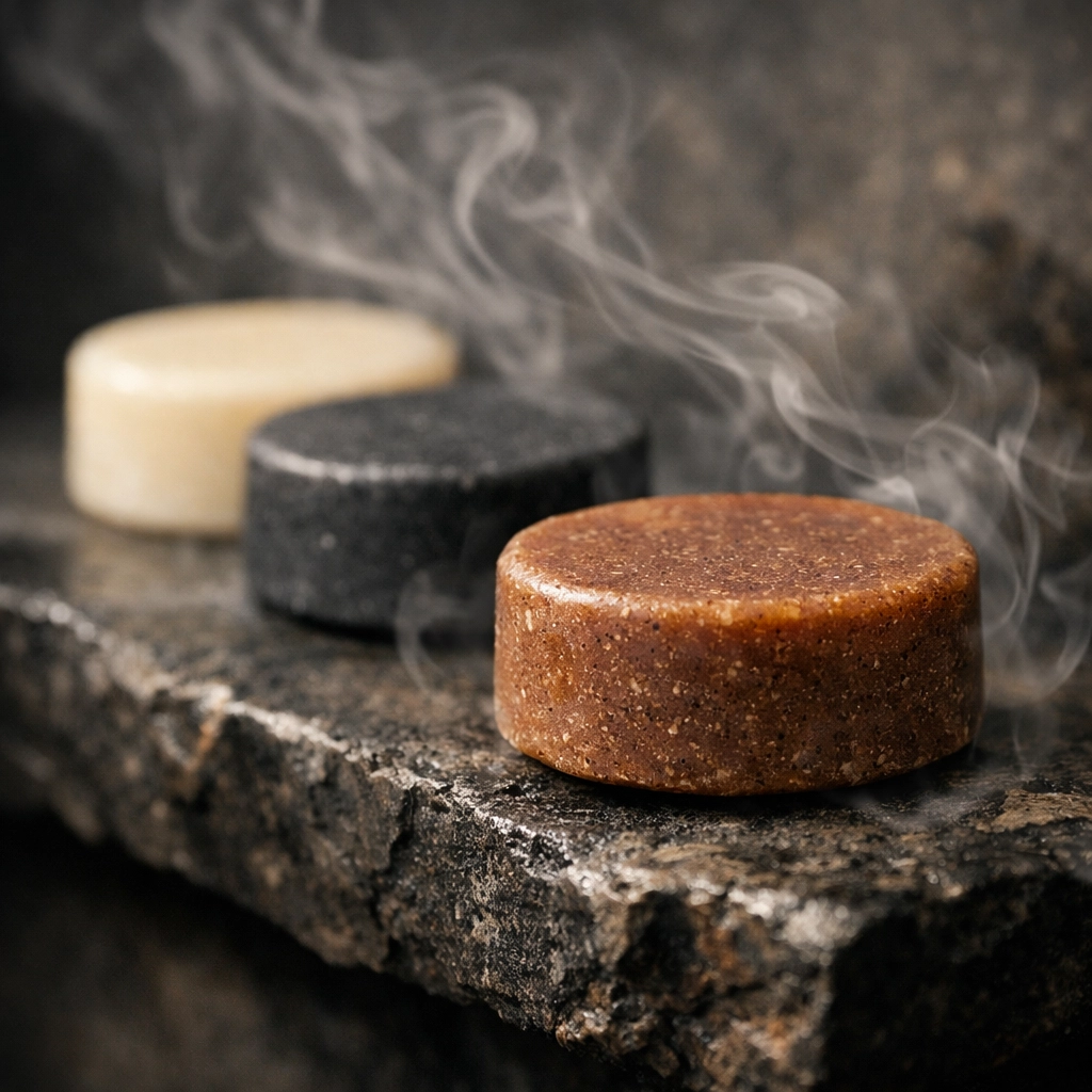 Three different scented solid beard wash bars on a dark ledge, representing a luxury grooming routine.