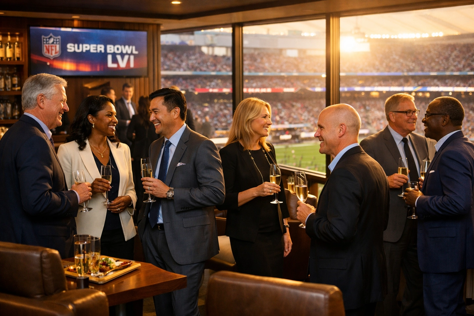 Super Bowl Brand Activation Secrets Revealed: How 7 Fortune 100 Companies Dominated Social Media Without Ads Fortune 500 executives networking in luxury Super Bowl suite during brand activation event