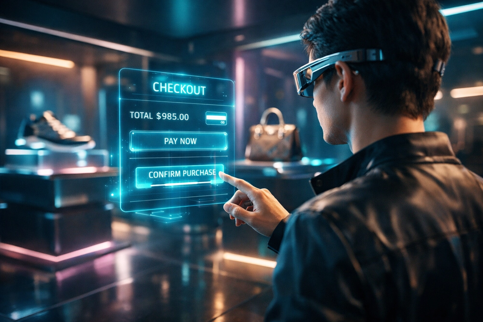 Customer using AR glasses at a futuristic QR code payment terminal in a virtual reality metaverse storefront.