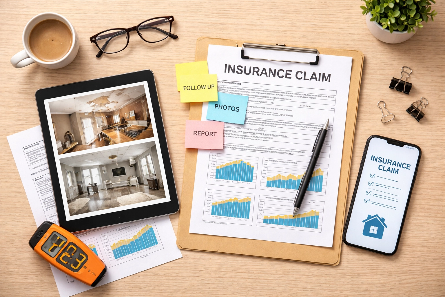 Organized insurance claim documentation for drywall water damage, including photos, reports, and paperwork on a desk