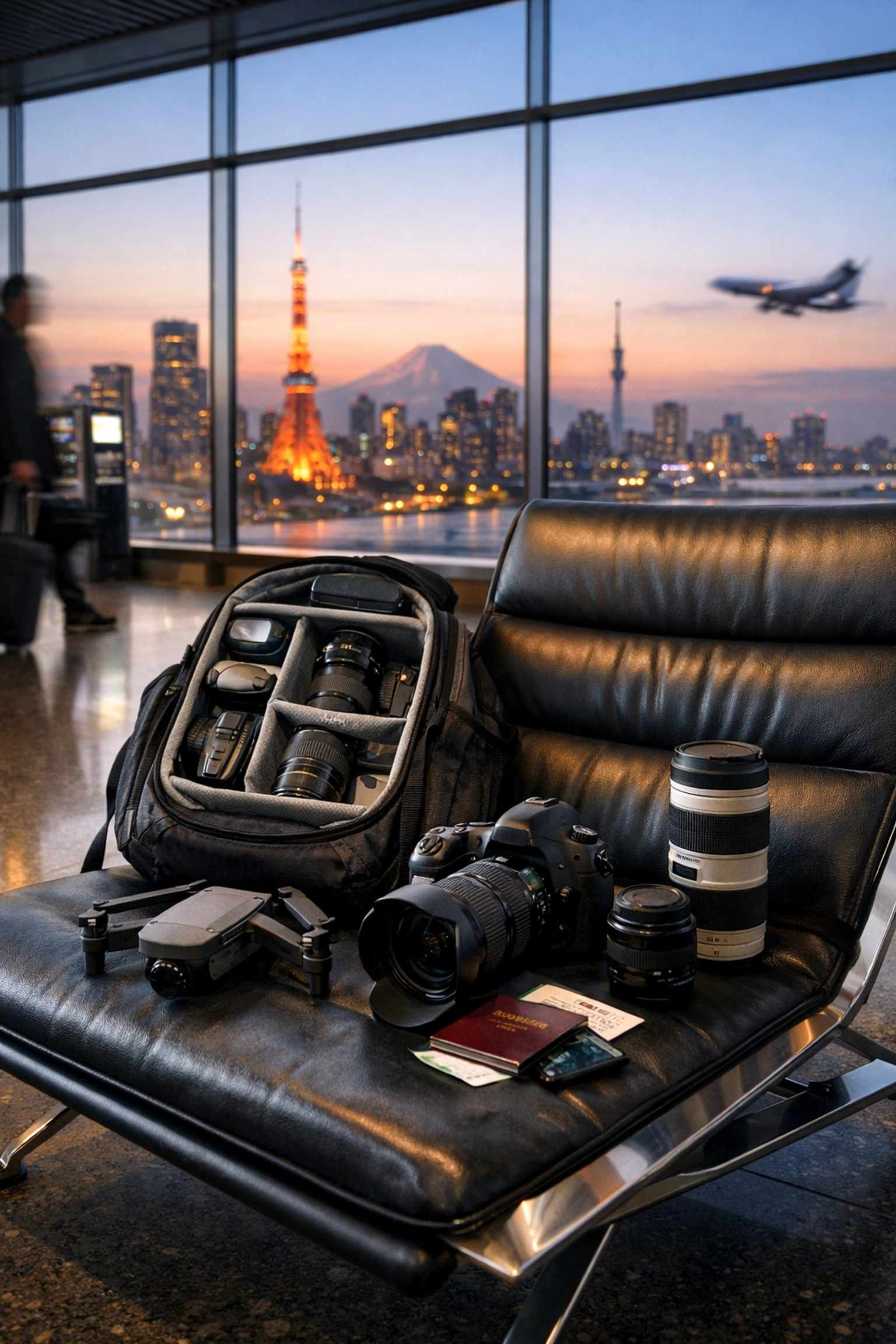 Professional event photography gear in a modern airport lounge symbolizing global business travel.