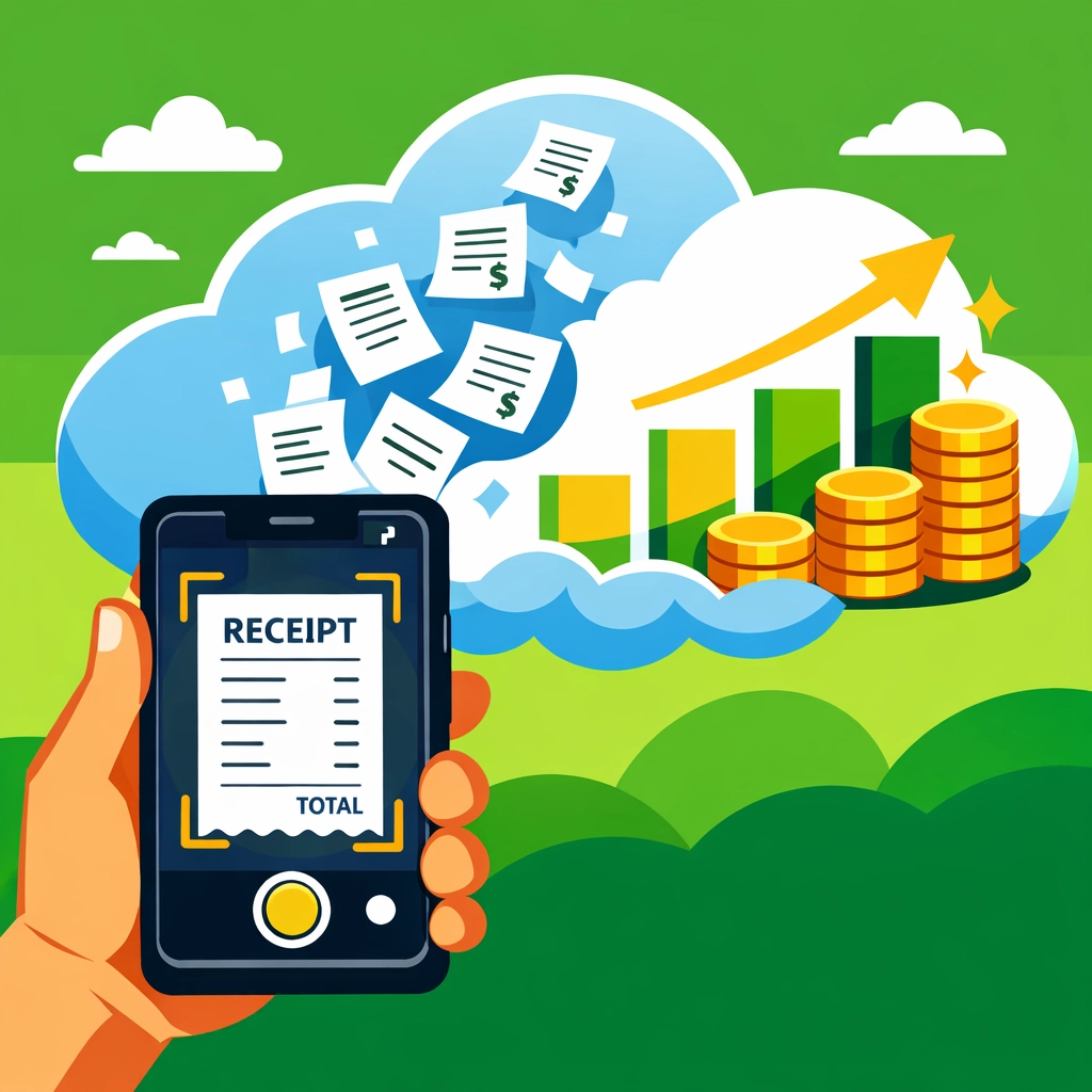 Smartphone scanning a receipt to a secure cloud for real-time tax deduction tracking and savings.