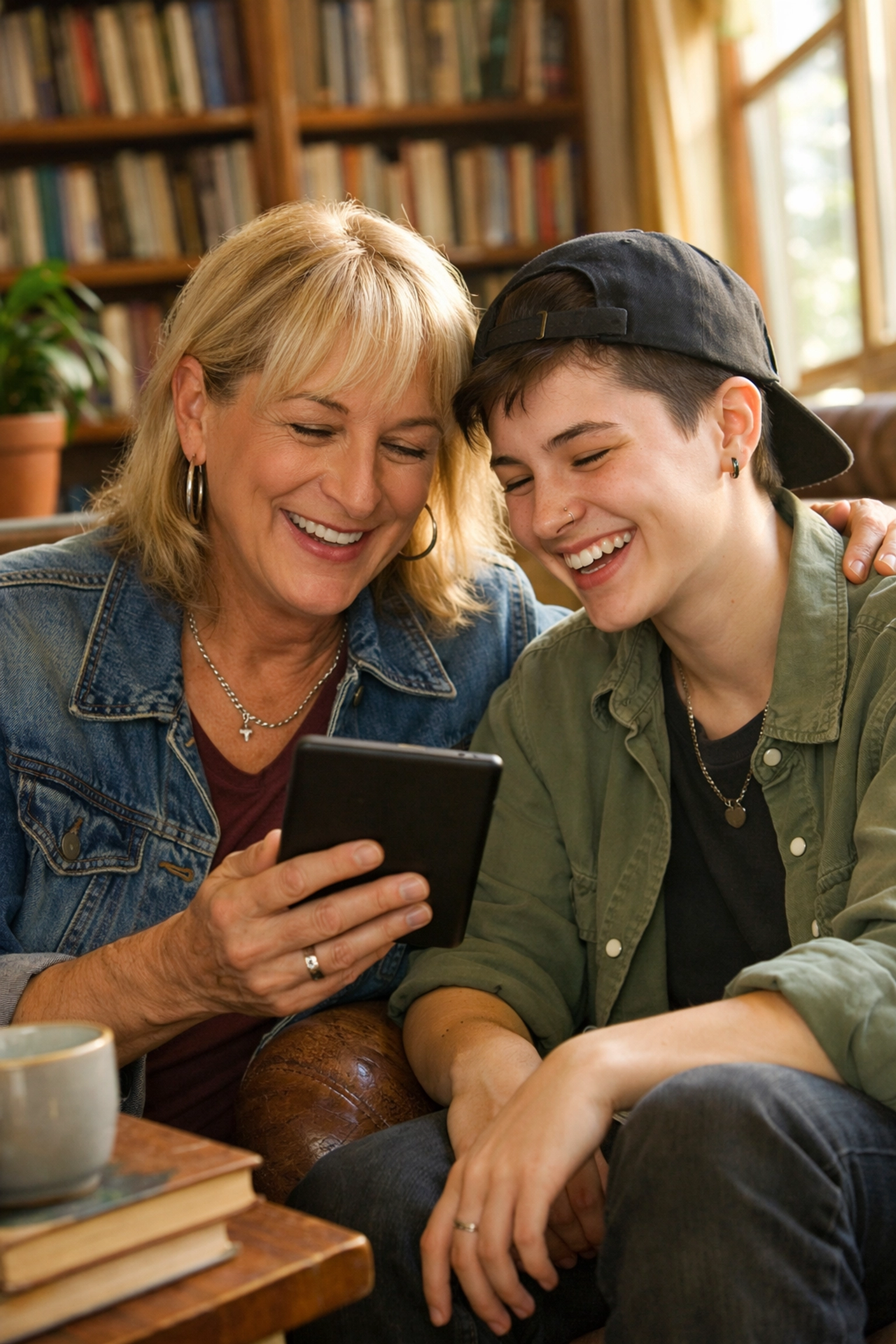Older and younger LGBTQ+ individuals sharing stories in a library, representing mentorship and community.