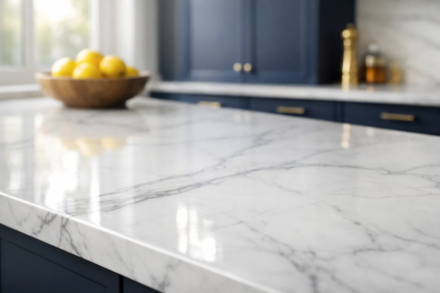 Specialized residential cleaning Massachusetts for polished white marble surfaces in a luxury Dover kitchen.