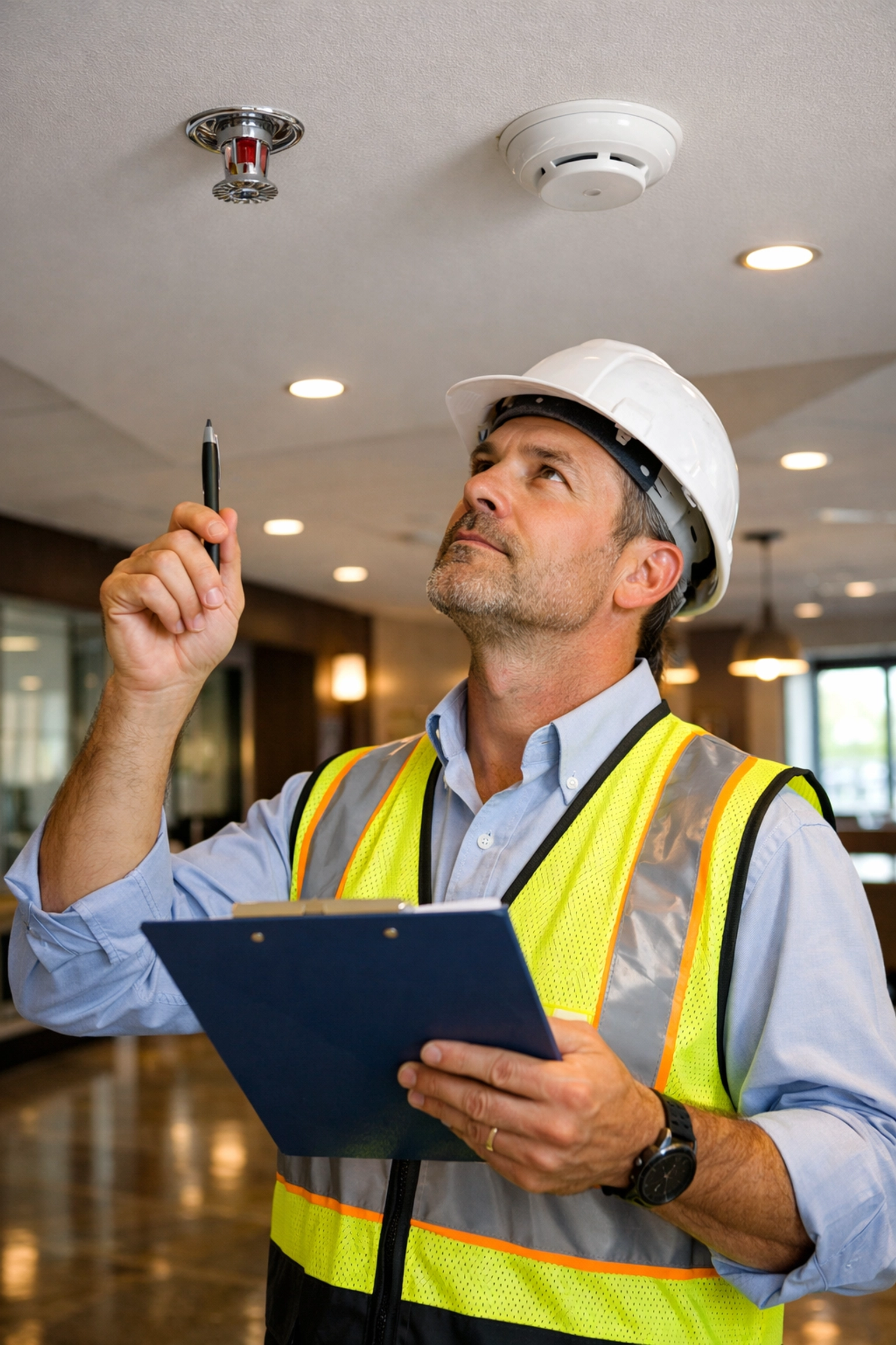 Building inspector conducting final commercial upfit inspection with clipboard
