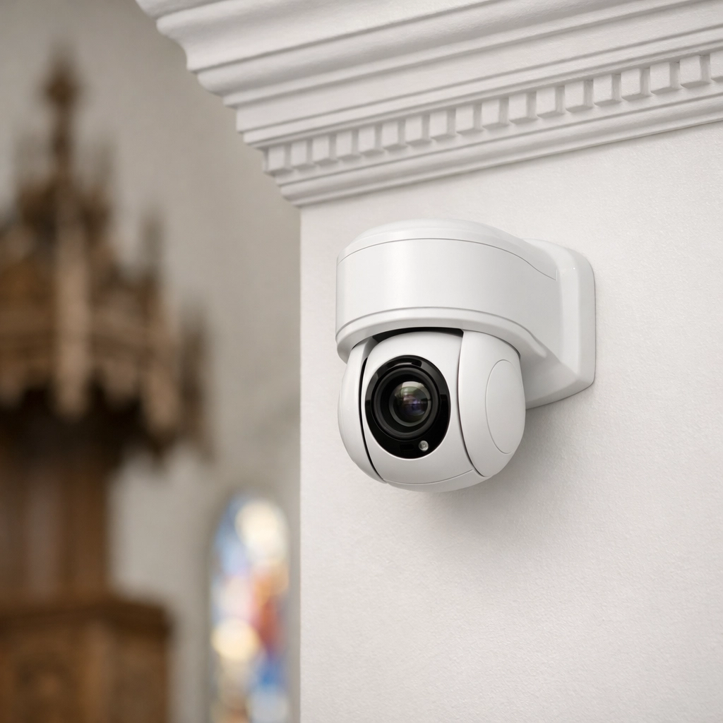 White PTZ camera discreetly mounted on church wall blending with traditional decor