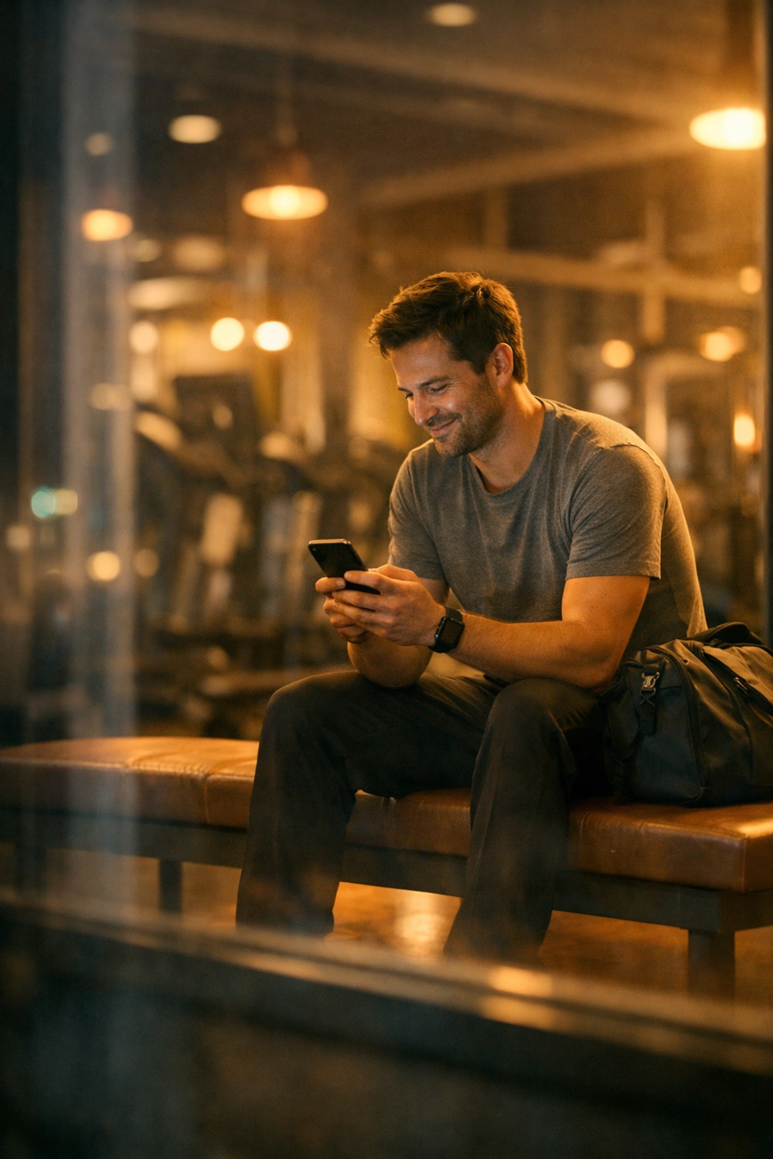 Man waiting in gym lobby for boyfriend after closing shift