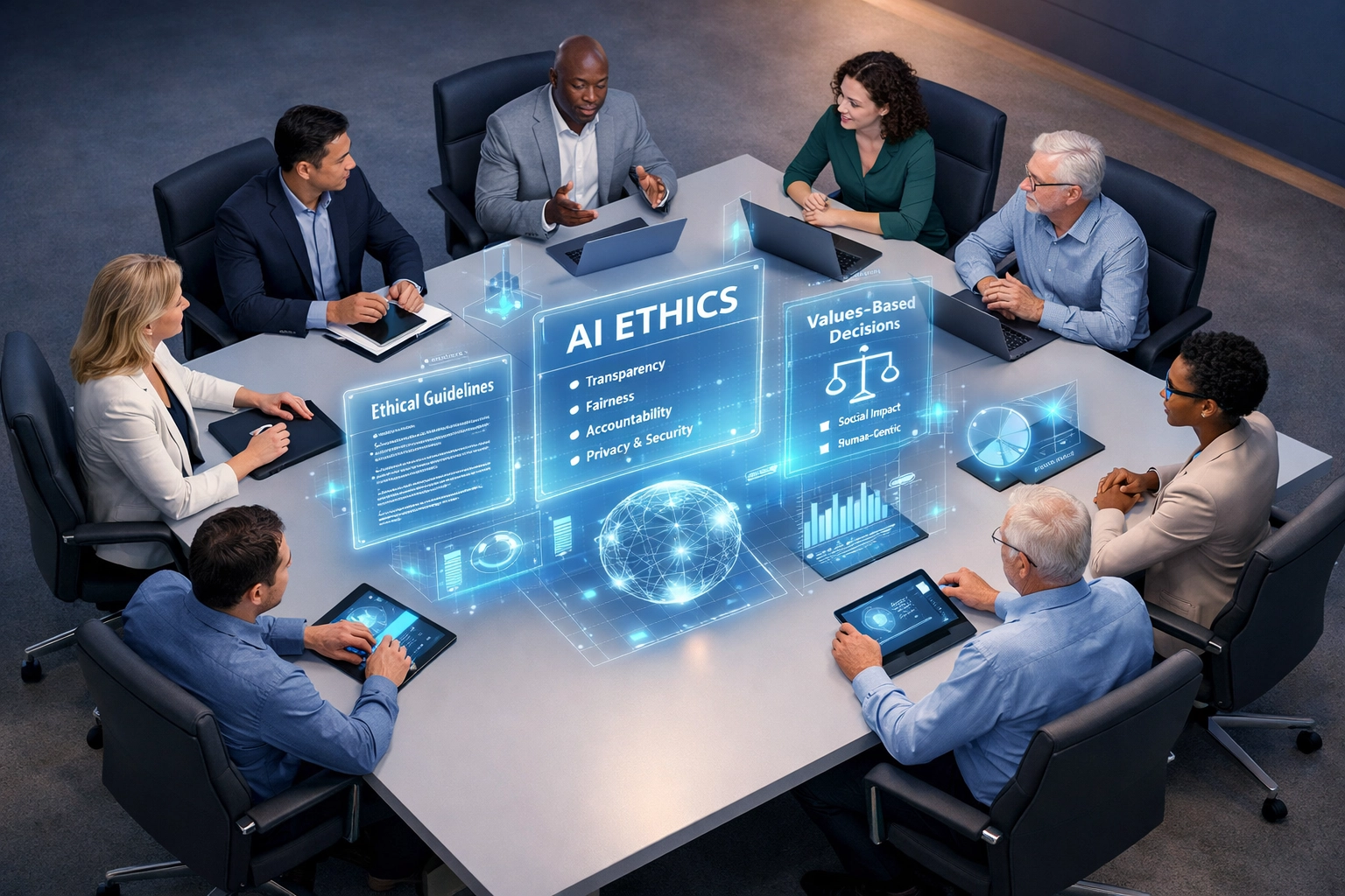 Organizational leaders reviewing AI ethics frameworks and data visualizations during strategic planning session