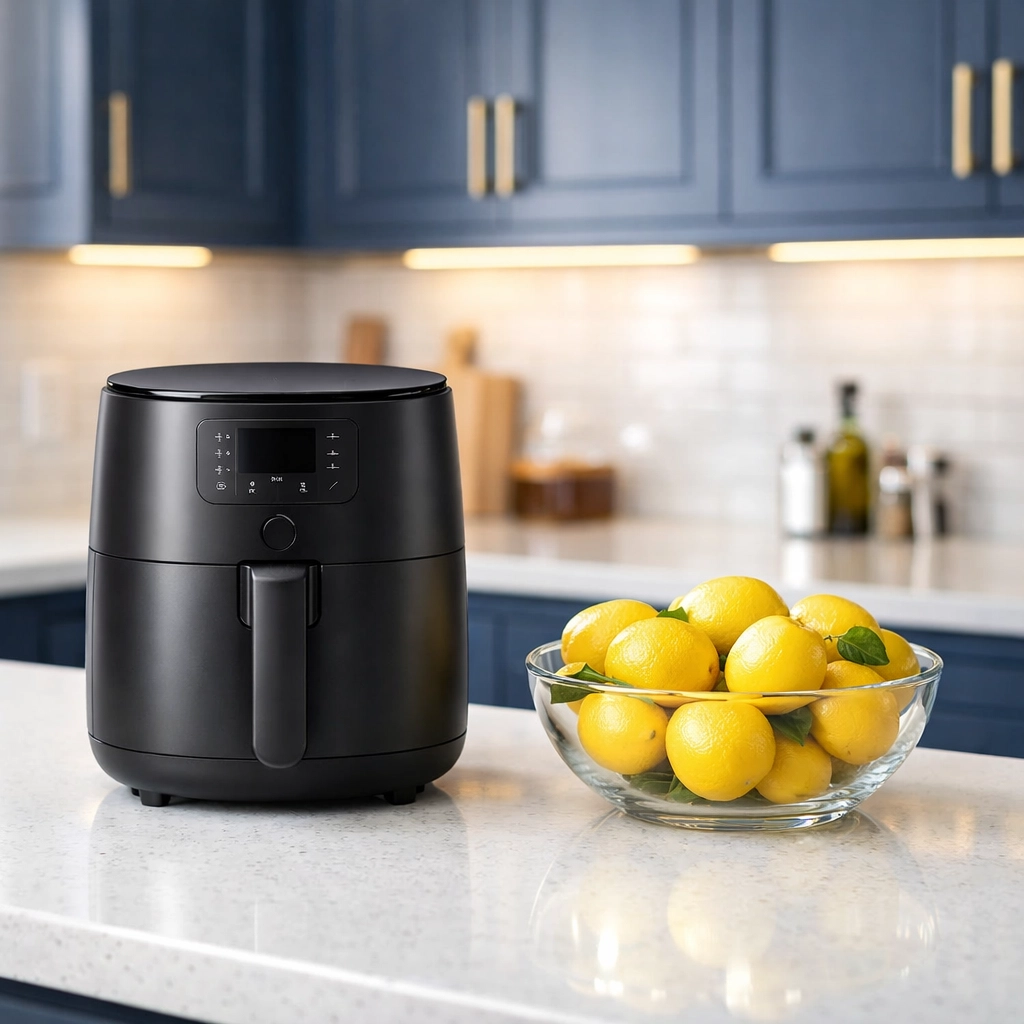 A deep-cleaned luxury kitchen with sanitized white quartz countertops and polished black appliances.