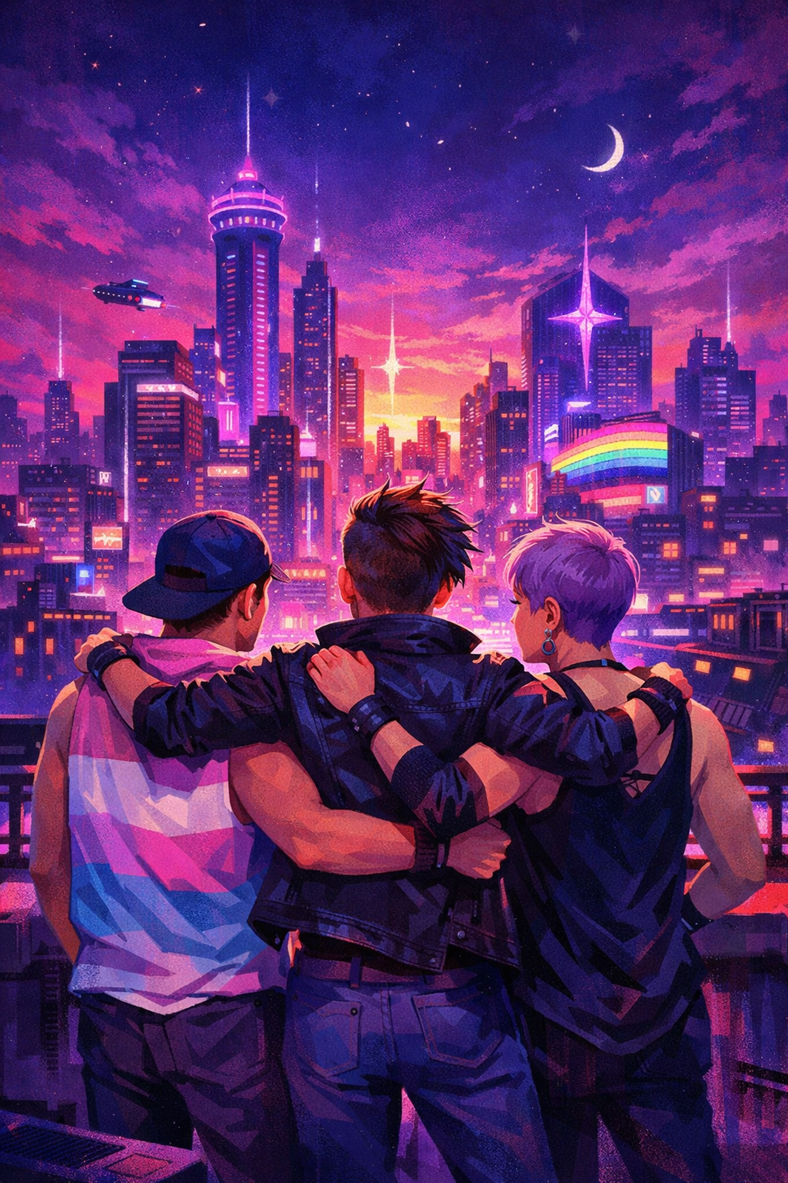 A diverse queer crew stands in solidarity on a city rooftop, reflecting the found family trope in modern LGBTQ+ fiction.