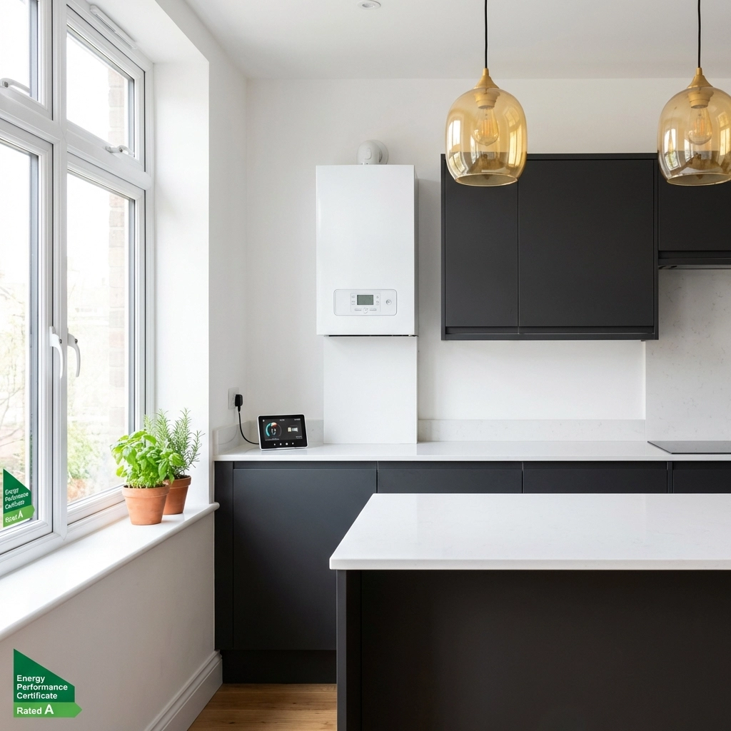 Energy-efficient kitchen in a British rental property, showcasing modern appliances and compliant features