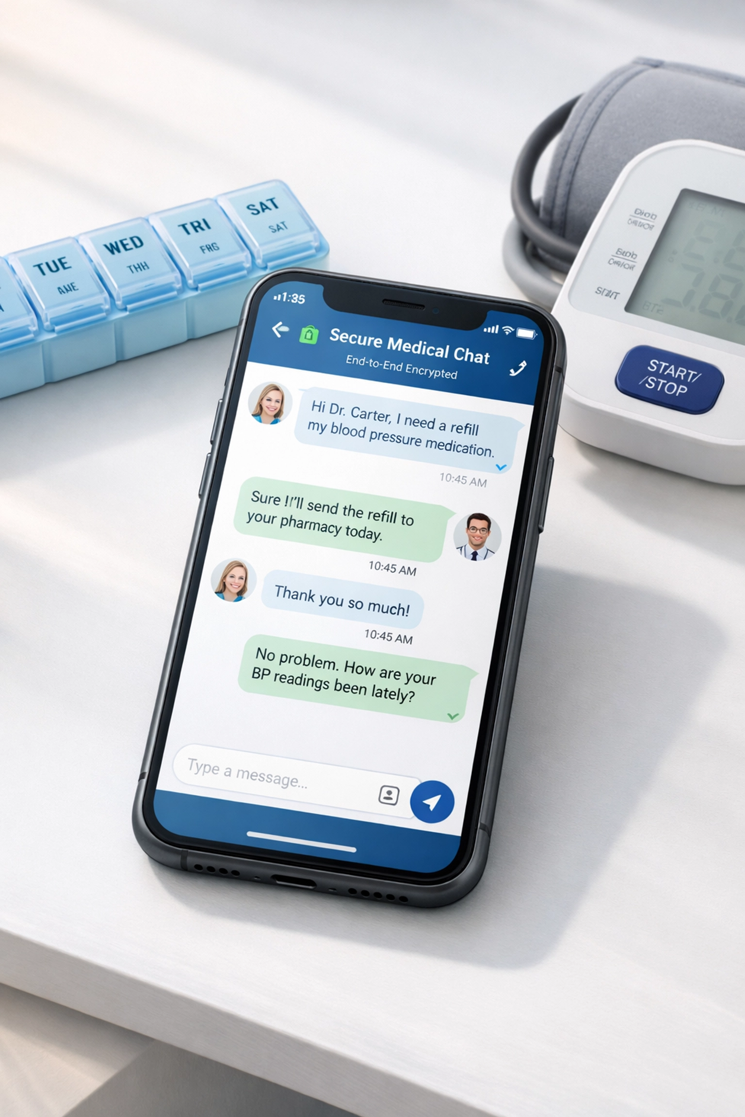 Smartphone displaying online prescription refill request next to pill organizer and blood pressure monitor