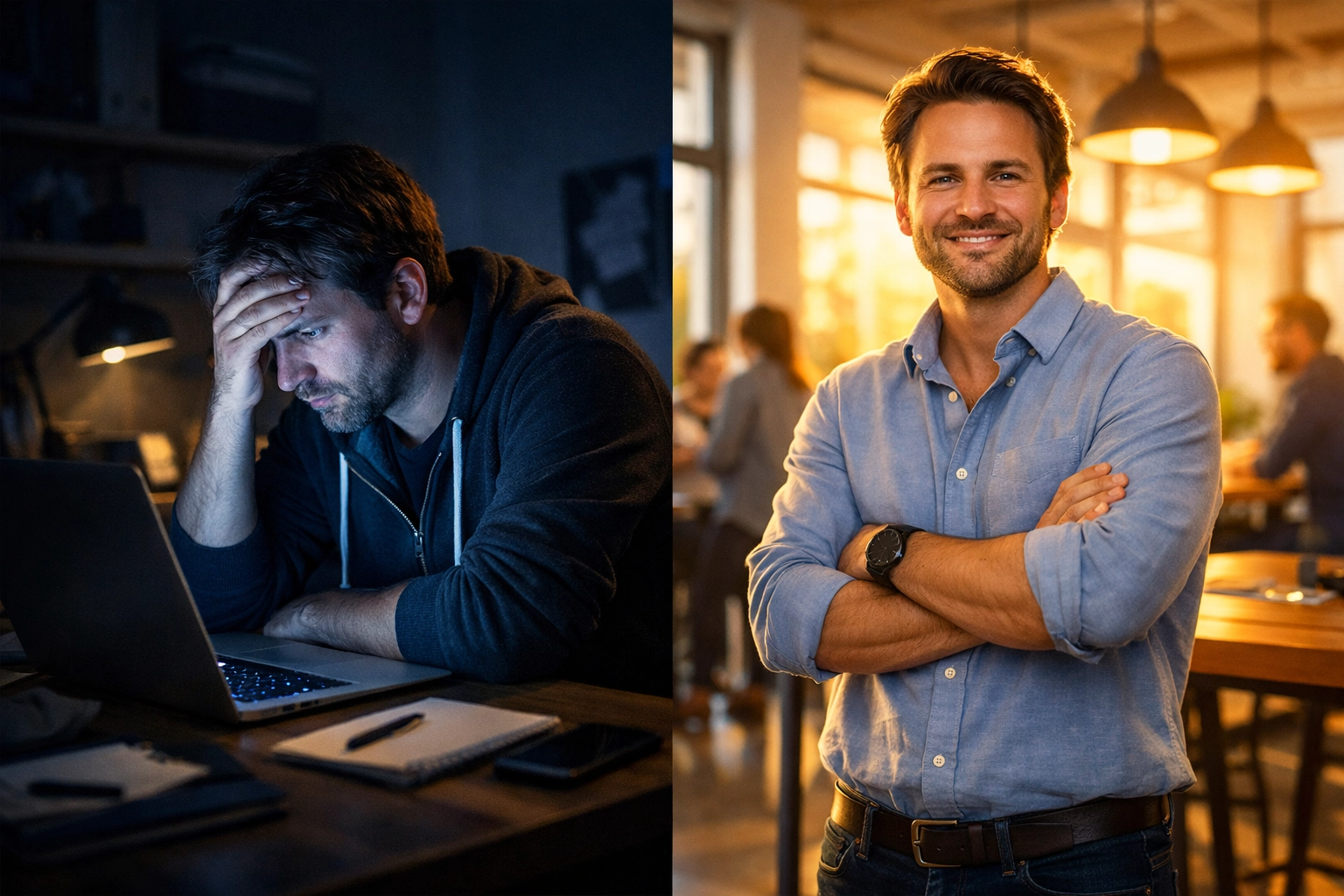 Founder transformation from stressed isolation to confident leadership through business coaching