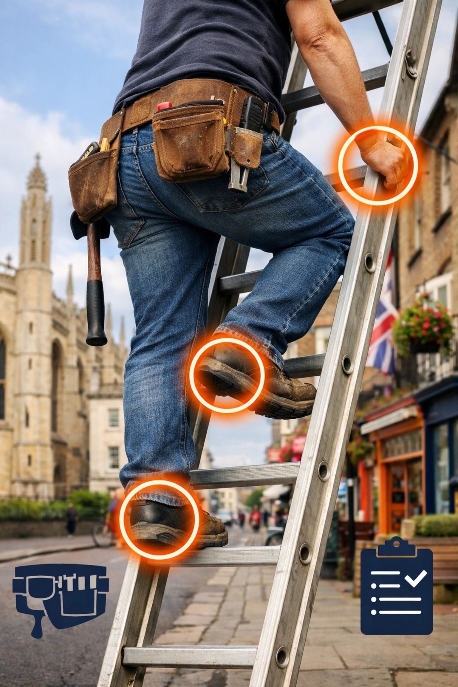 Climber practicing the three-point contact rule on a rental ladder in Cambridge.