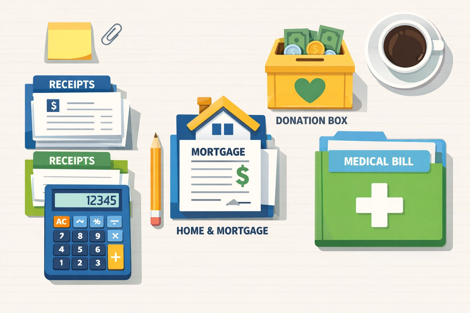 Organized tax documents showing itemized deductions including receipts, mortgage, and donations