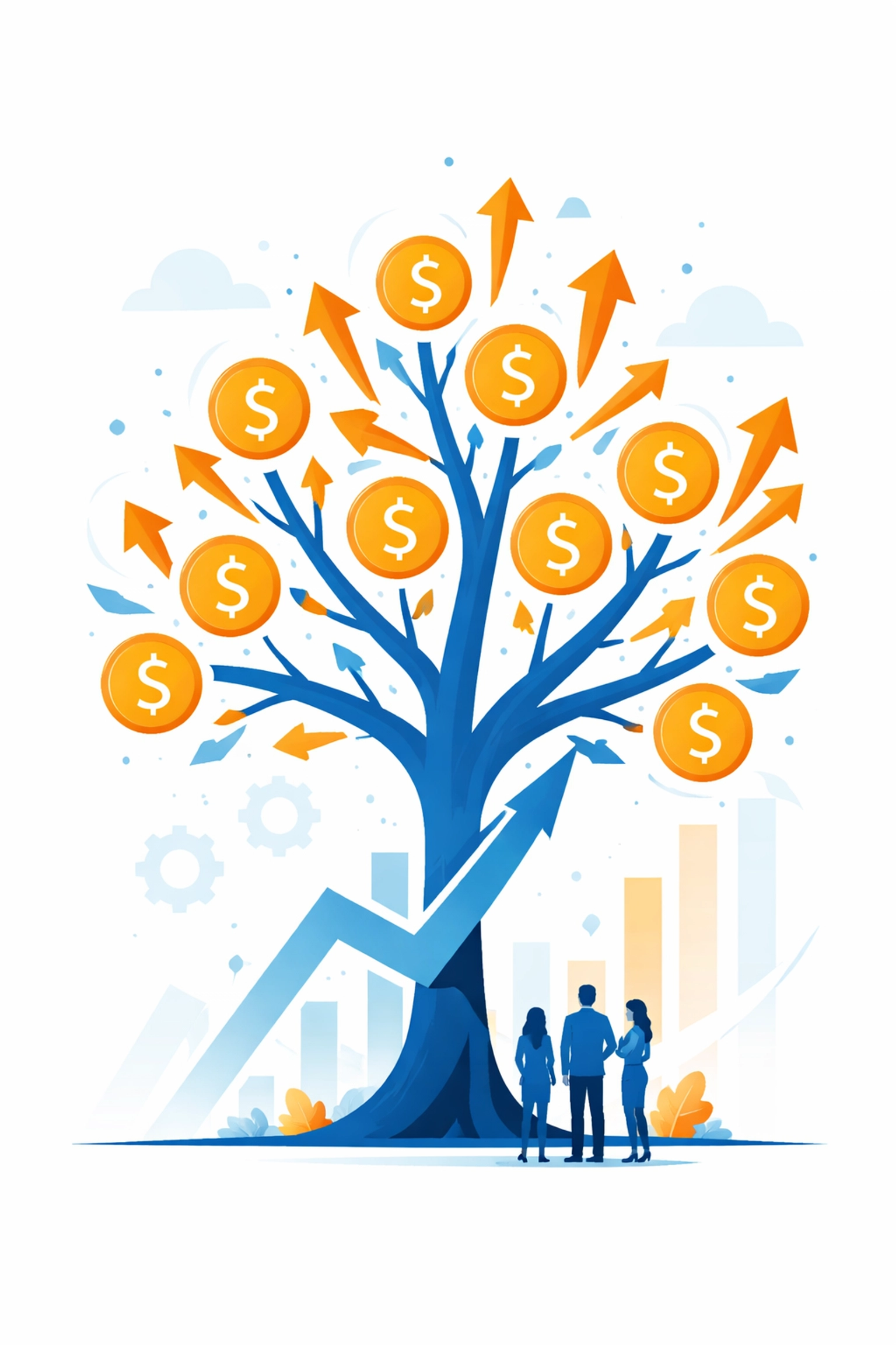 Revenue tree with blue branches and orange coins representing customer education revenue growth and business expansion